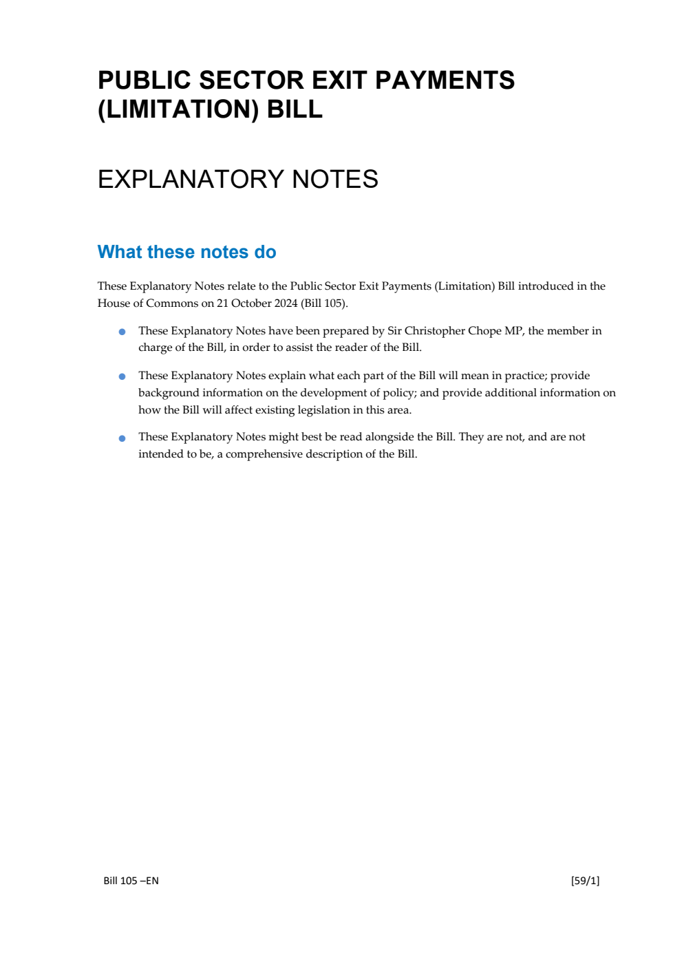 Public Sector Exit Payments (Limitation) Bill Explanatory Notes