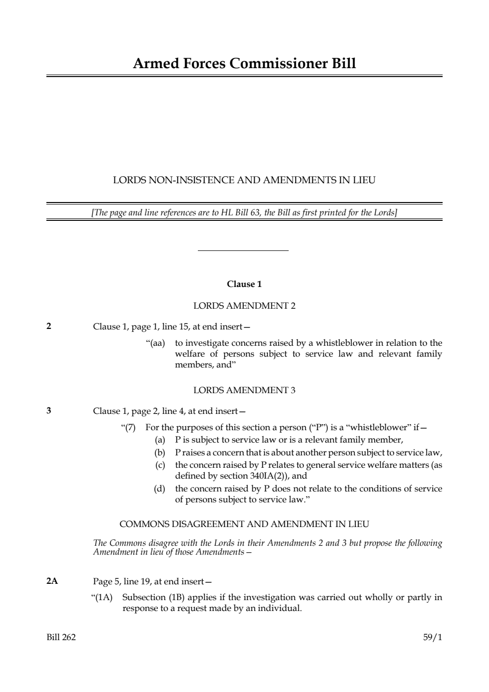 Armed Forces Commissioner Bill Lords non-insistence and amendments in lieu