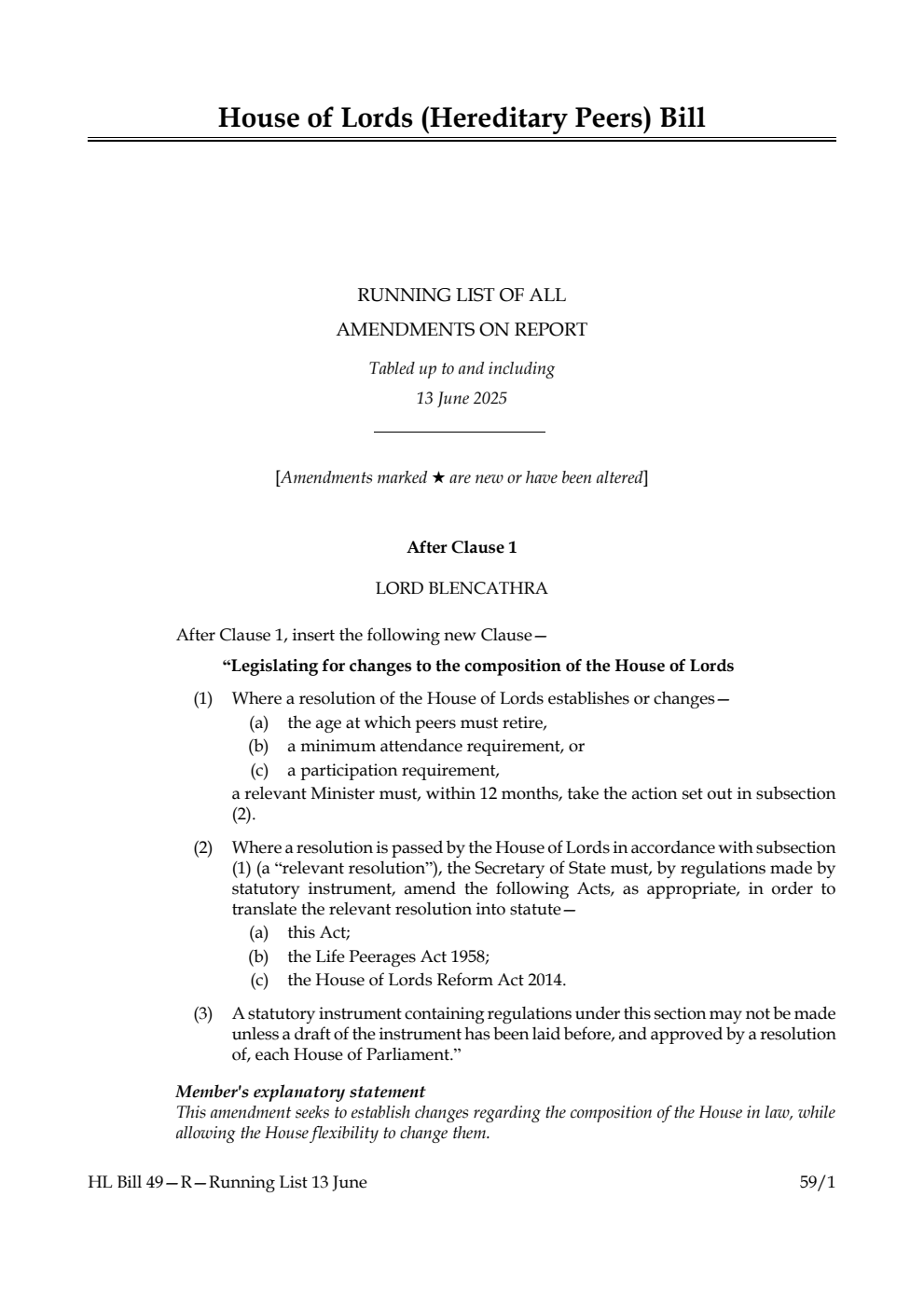House of Lords (Hereditary Peers) Bill Running List of all amendments on report tabled up to and including 13 June 2025