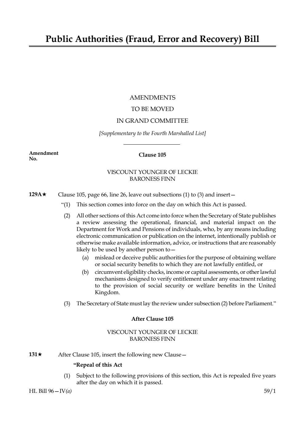 Public Authorities (Fraud, Error and Recovery) Bill Amendments to be moved in Grand Committee [Supplementary to the Fourth Marshalled List]