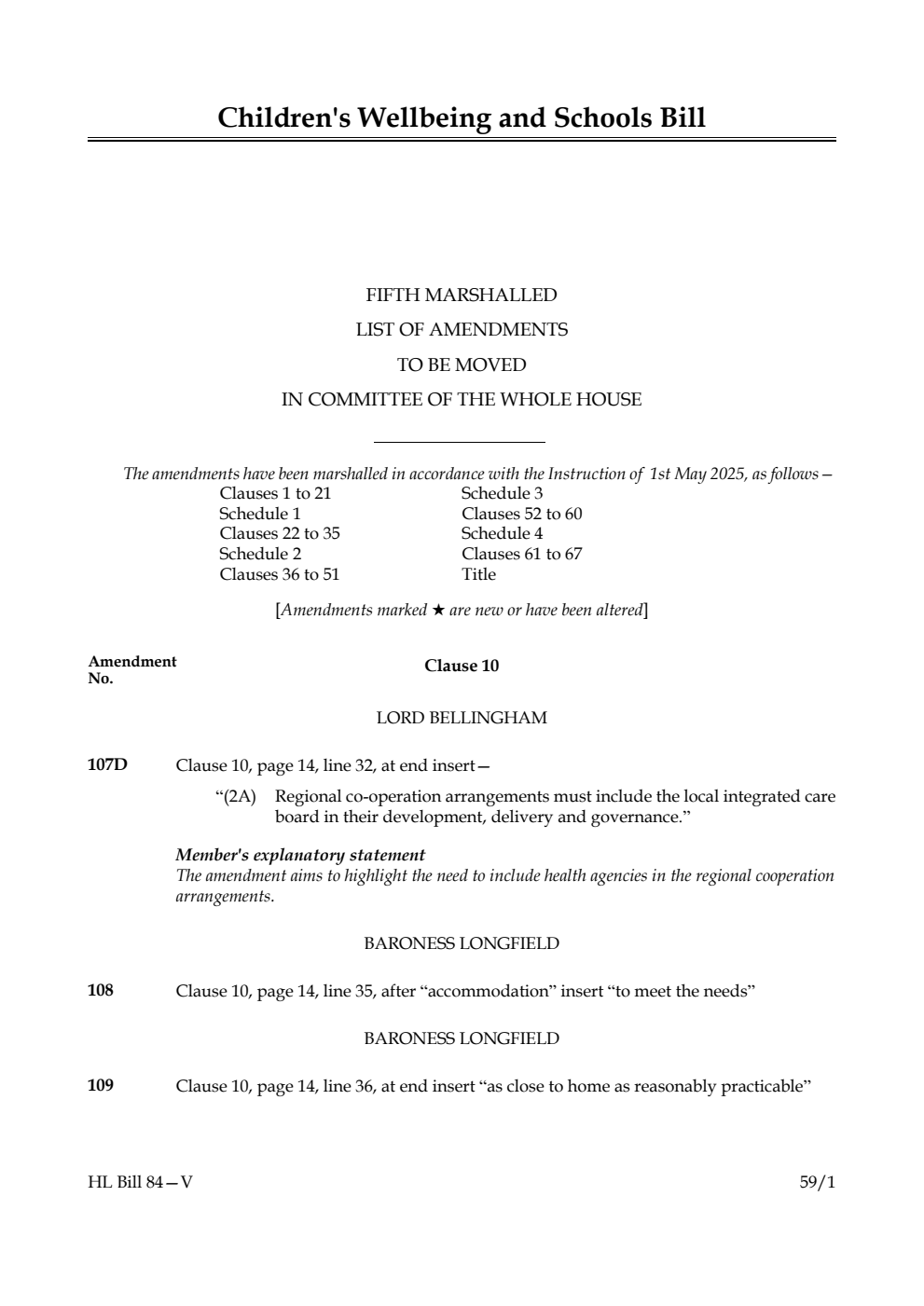 Children's Wellbeing and Schools Bill Fifth Marshalled List of amendments to be moved in Committee of the Whole House