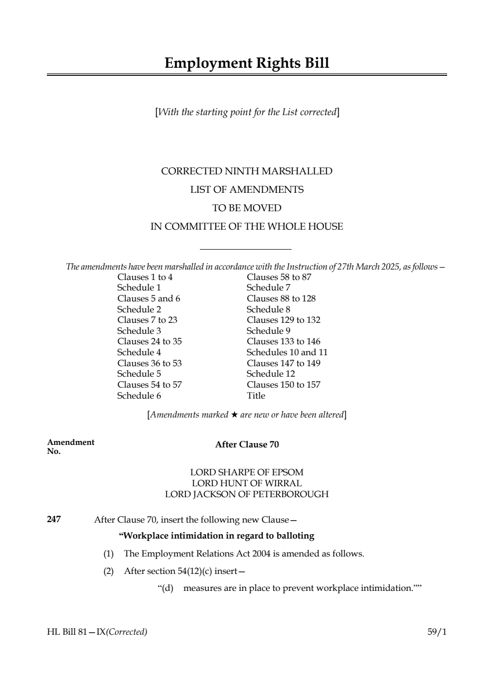 Employment Rights Bill Corrected Ninth Marshalled List of amendments to be moved in Committee of the Whole House
