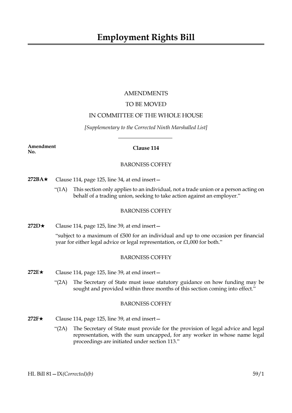 Employment Rights Bill Amendments to be moved in Committee of the Whole House [Supplementary to the Corrected Ninth Marshalled List] 