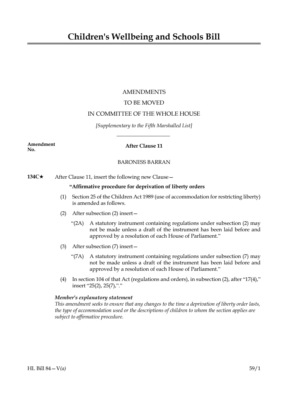 Children's Wellbeing and Schools Bill Amendments to be moved in Committee of the Whole House [Supplementary to the Fifth Marshalled List] 