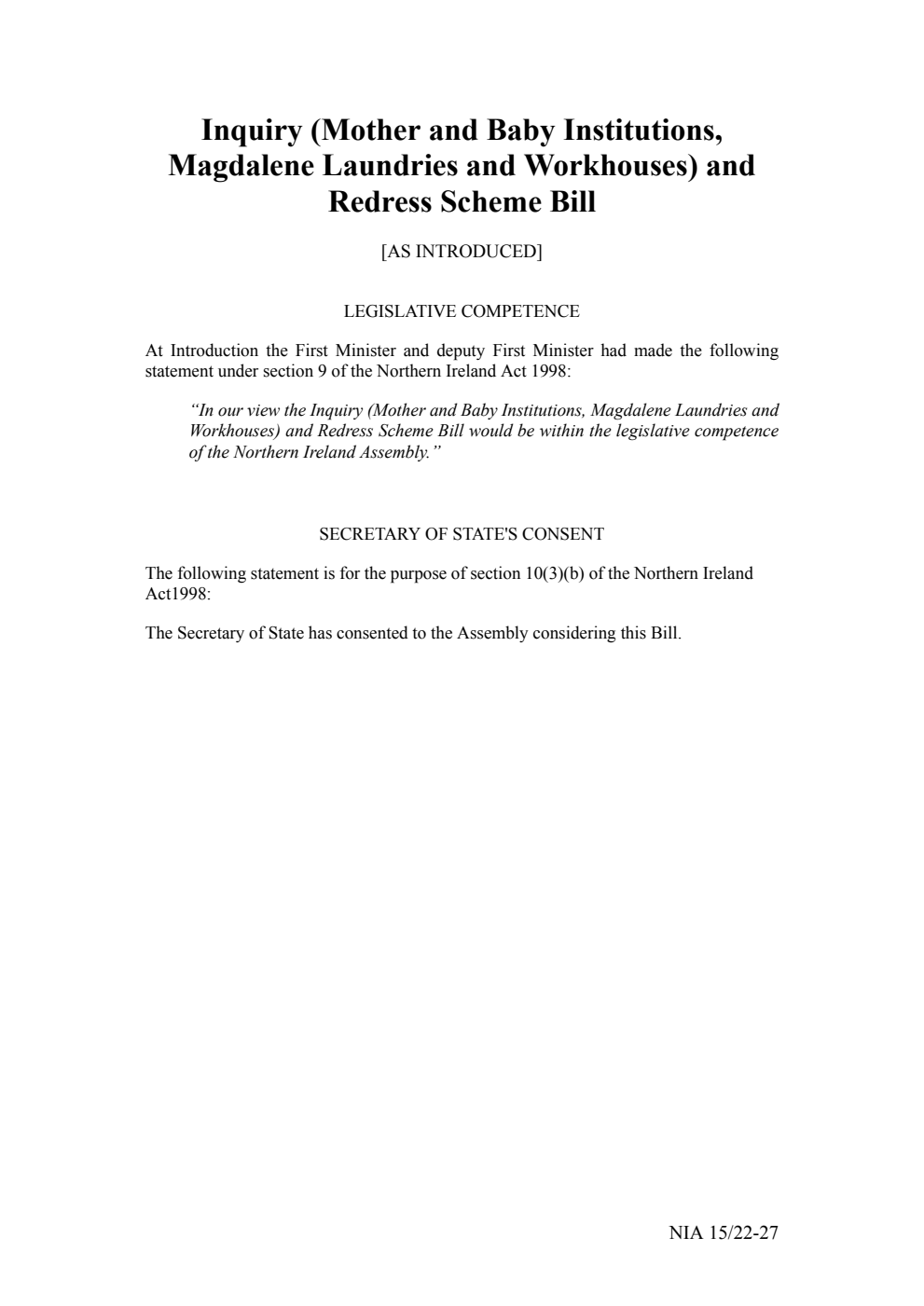 Inquiry (Mother and Baby Institutions, Magdalene Laundries and Workhouses) and Redress Scheme Bill [As Introduced]
