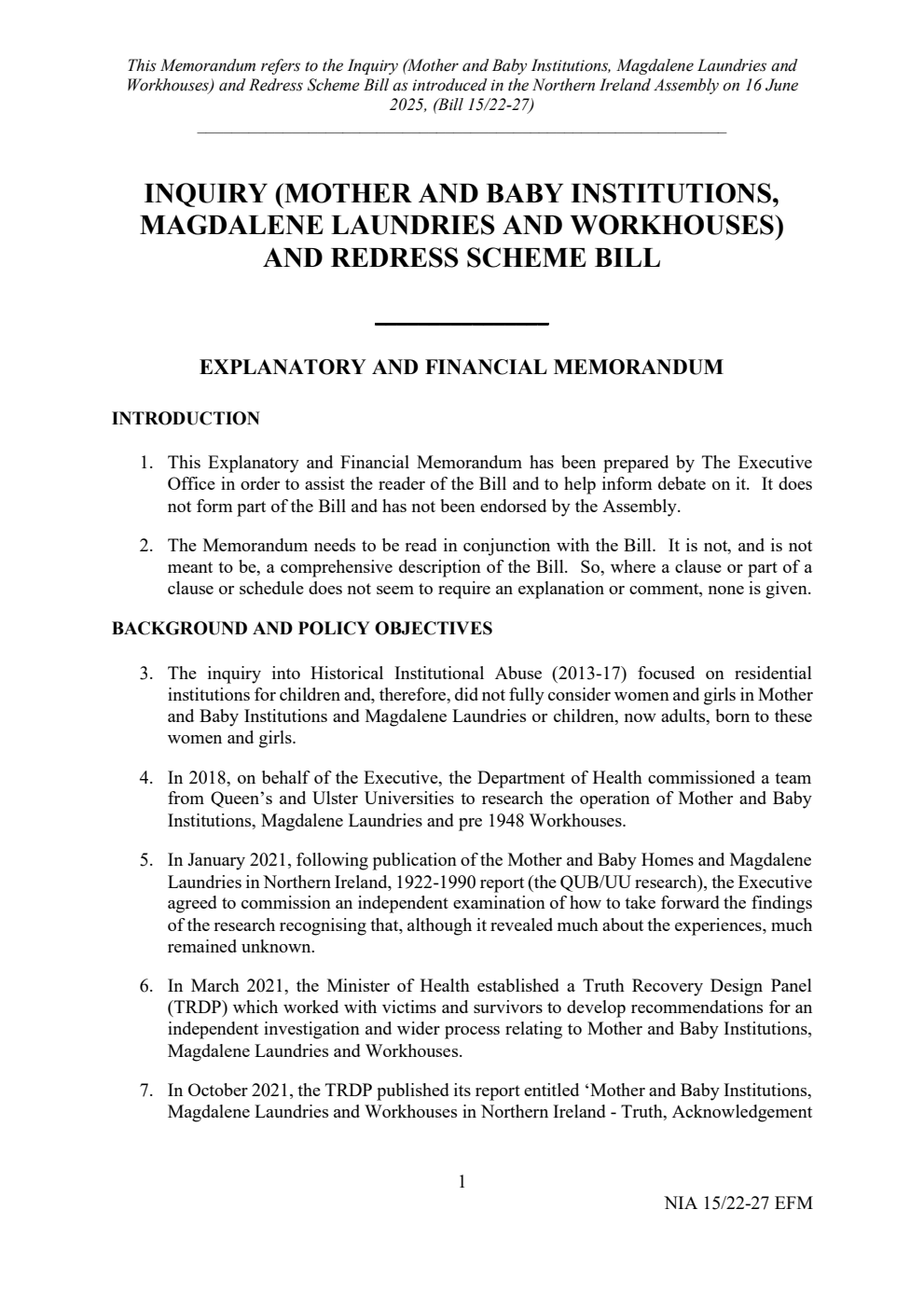 Inquiry (Mother and Baby Institutions, Magdalene Laundries and Workhouses) and Redress Scheme Bill Explanatory and Financial Memorandum