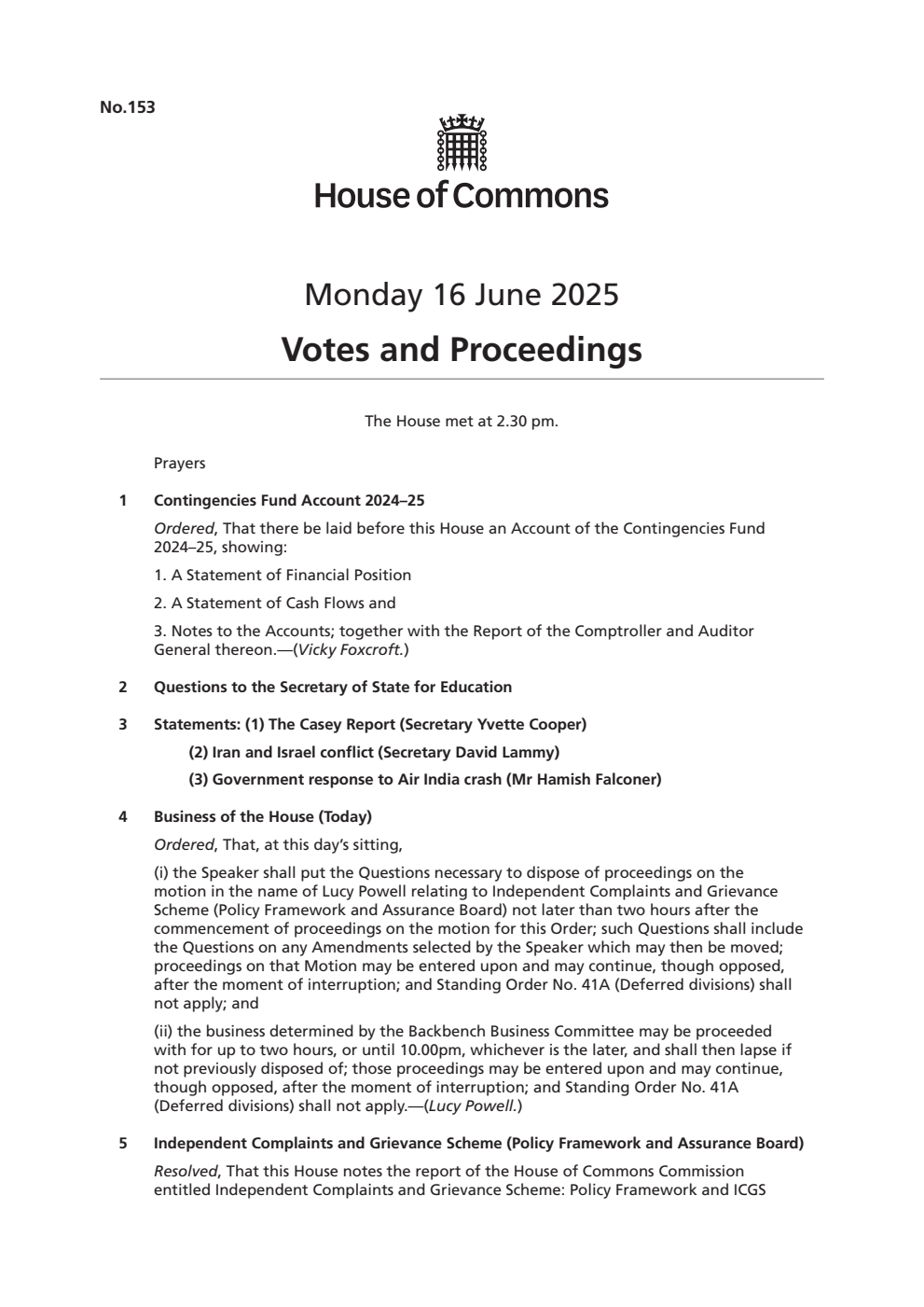 Votes and Proceeding Monday 16 June 2025