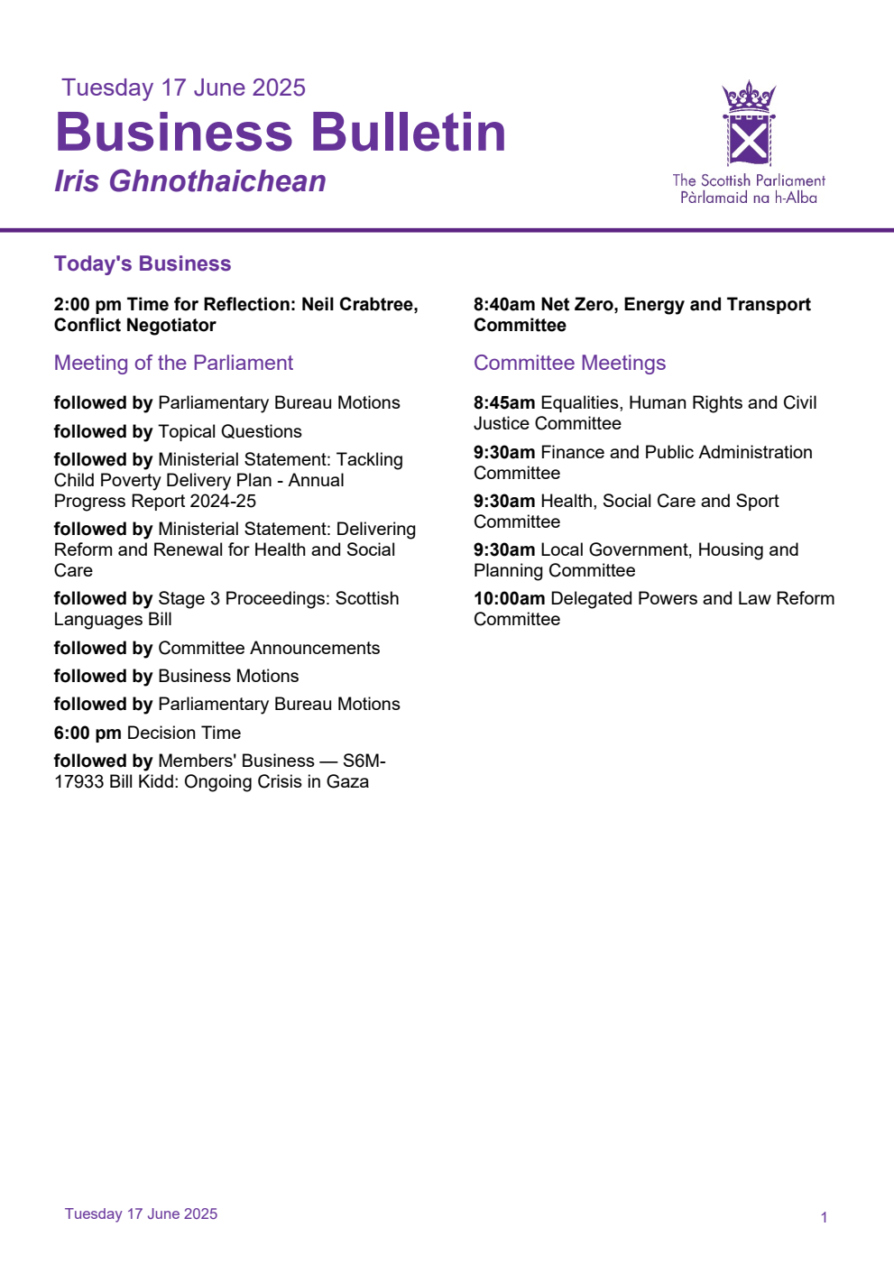 Business Bulletin, Tuesday 17th June 2025