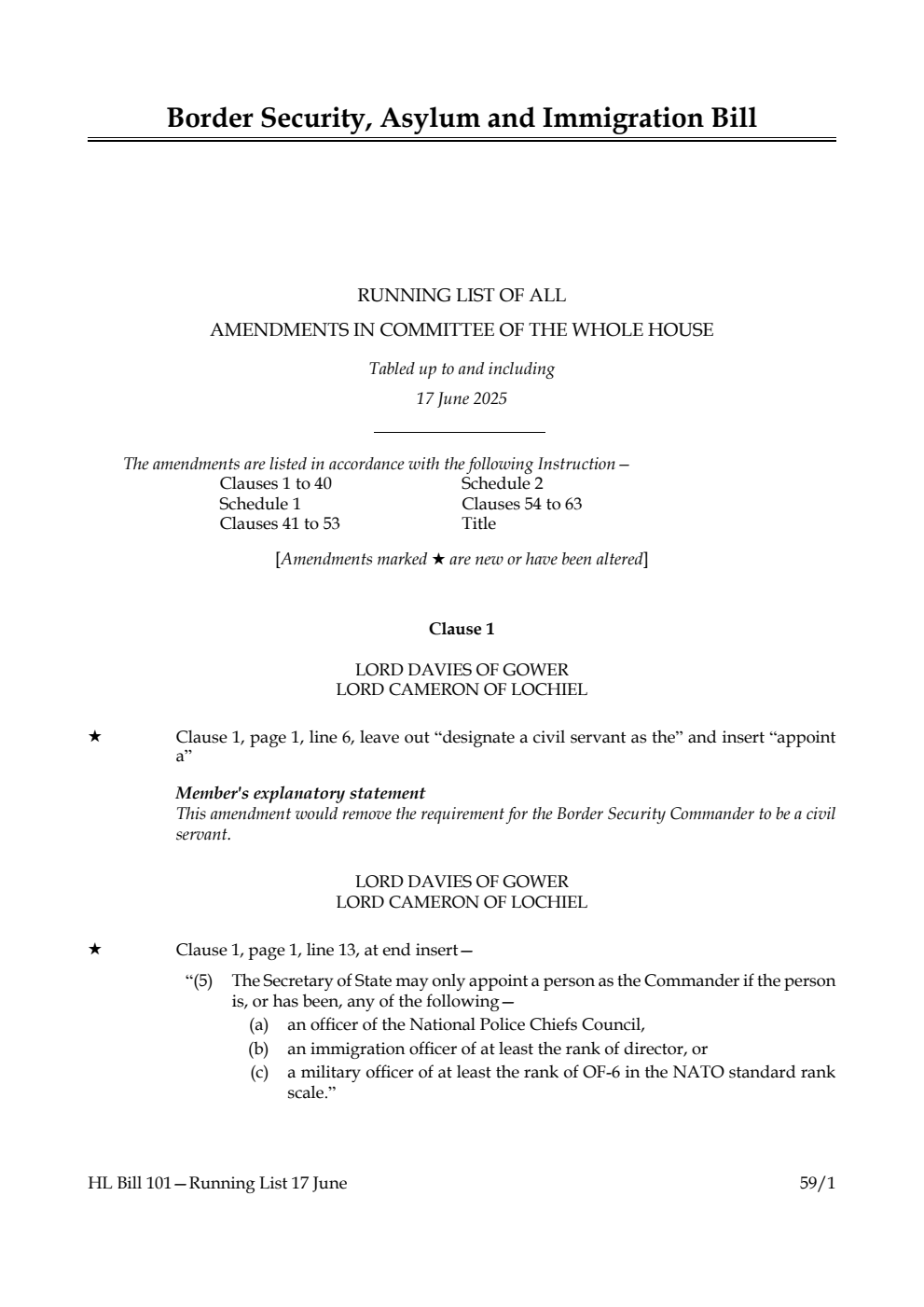 Border Security, Asylum and Immigration Bill Running List of all amendments in Committee of the Whole House tabled up to and including 17 June 2025