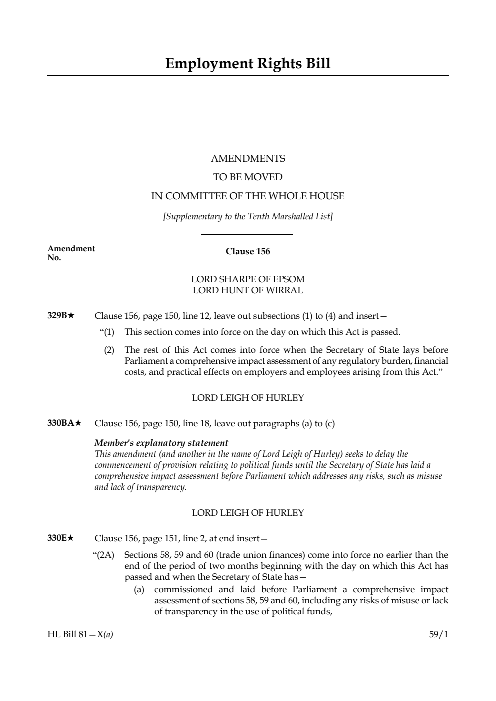 Employment Rights Bill Amendments to be moved in Committee of the Whole House [Supplementary to the Tenth Marshalled List] 