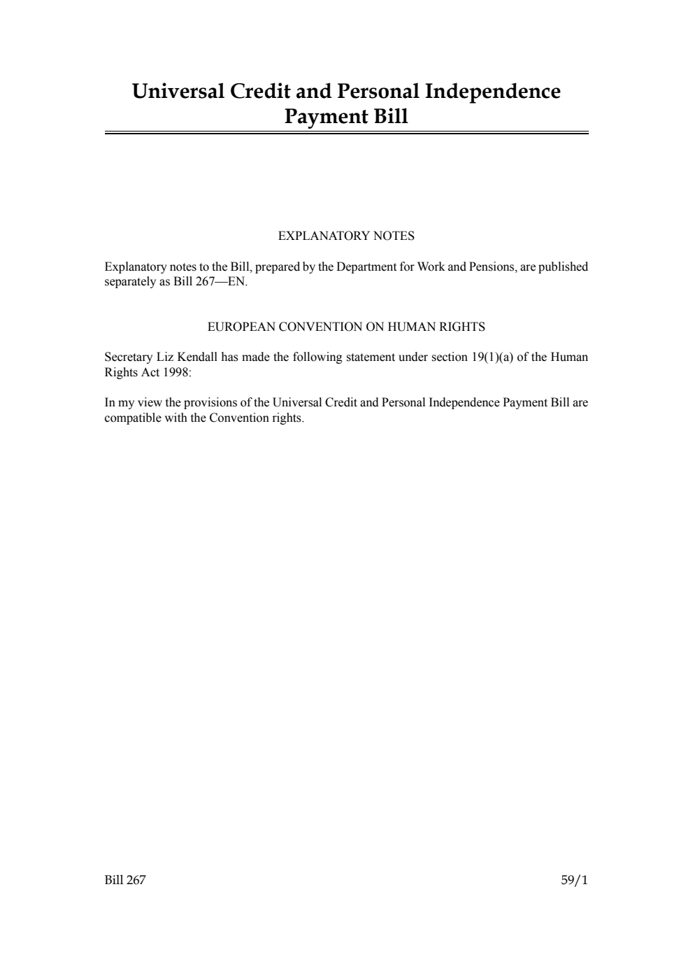 Universal Credit and Personal Independence Payment Bill