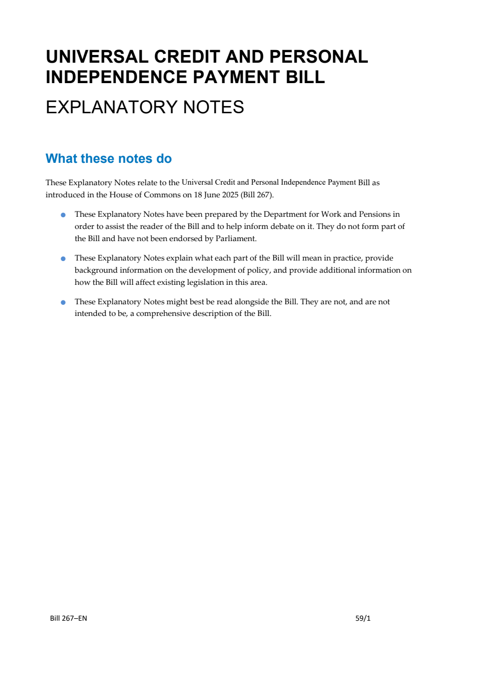 Universal Credit and Personal Independence Payment Bill Explanatory Notes