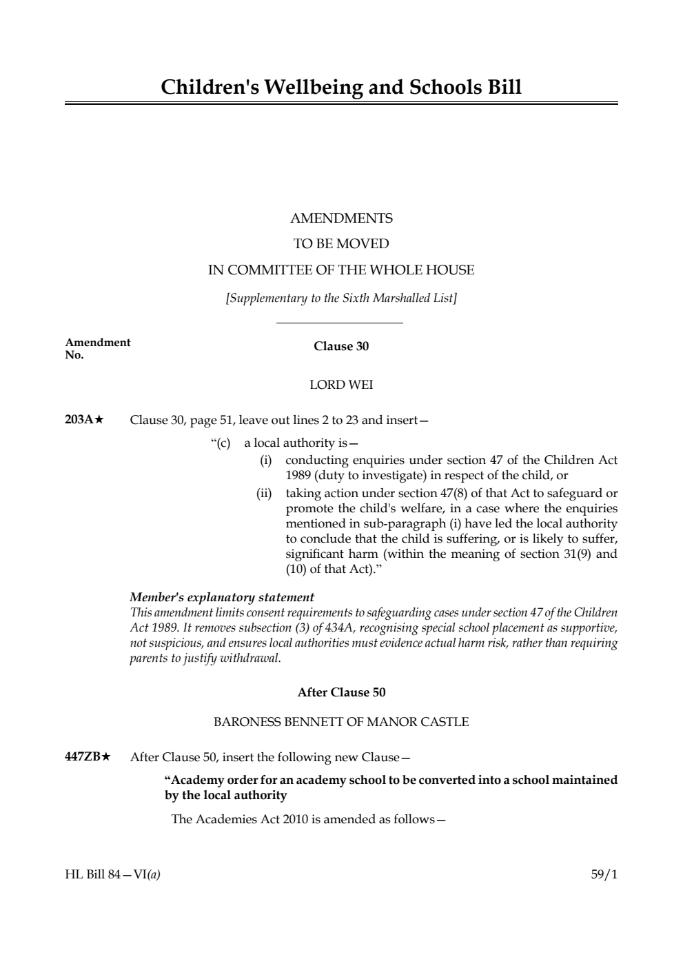 Children's Wellbeing and Schools Bill Amendments to be moved in Committee of the Whole House [Supplementary to the Sixth Marshalled List]