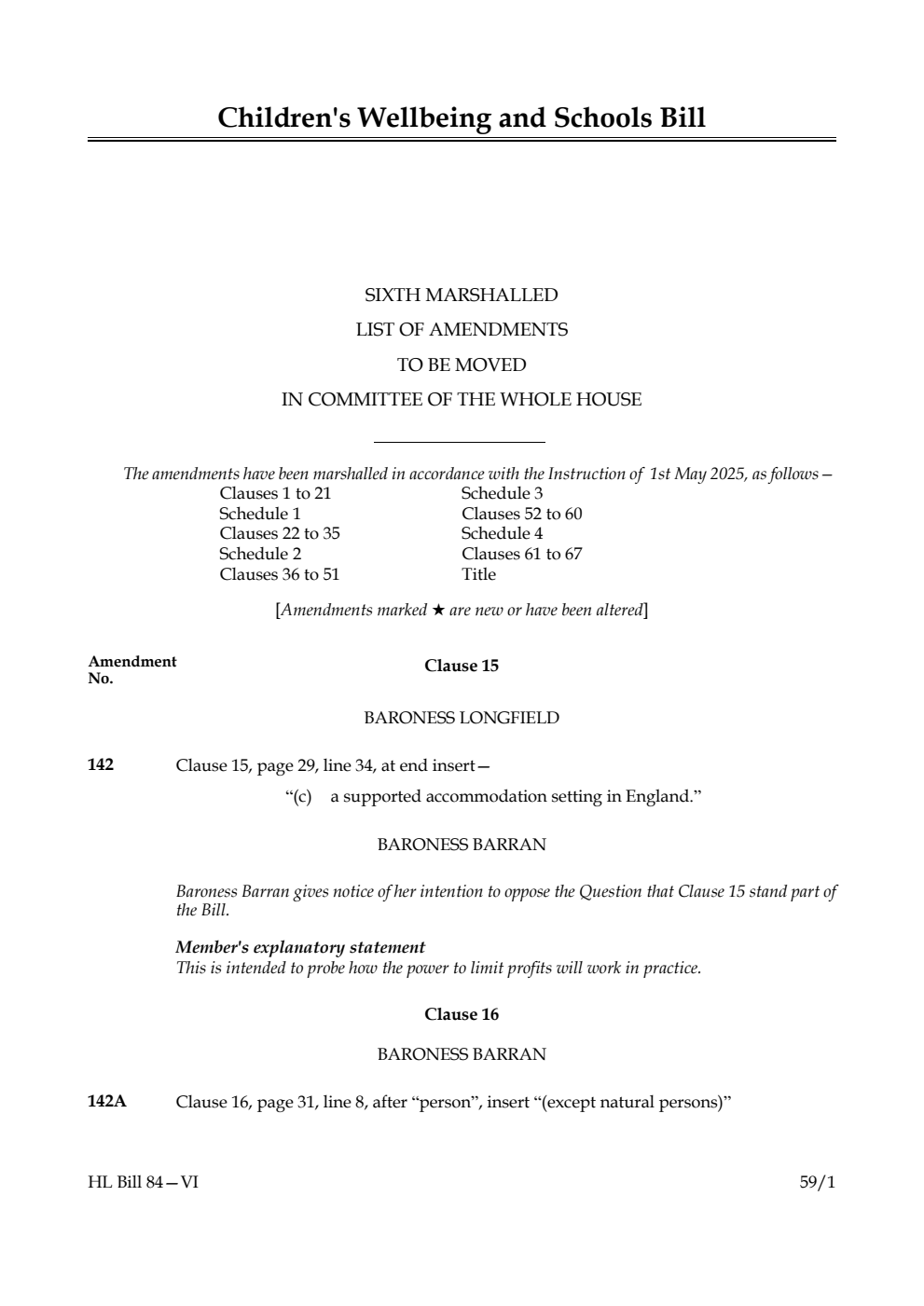Children's Wellbeing and Schools Bill Sixth Marshalled List of amendments to be moved in Committee of the Whole House