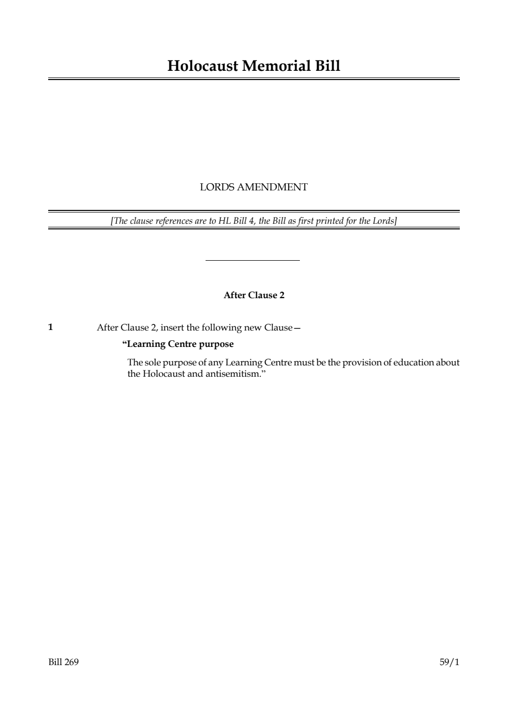 Holocaust Memorial Bill Lords Amendment