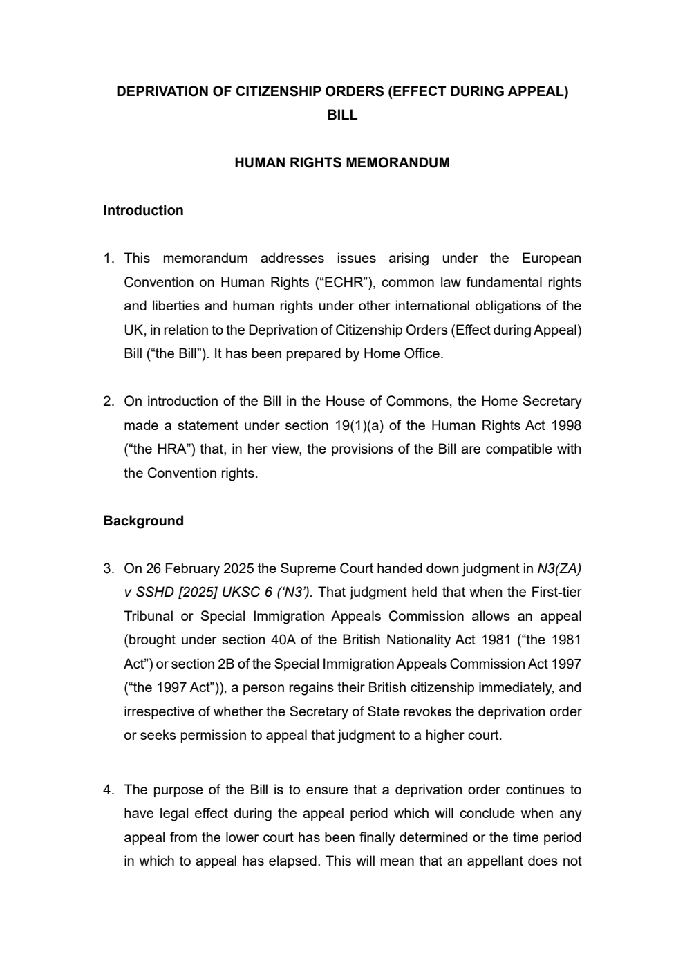 Deprivation of Citizenship Orders (Effect during Appeal) Bill - Human Rights Memorandum