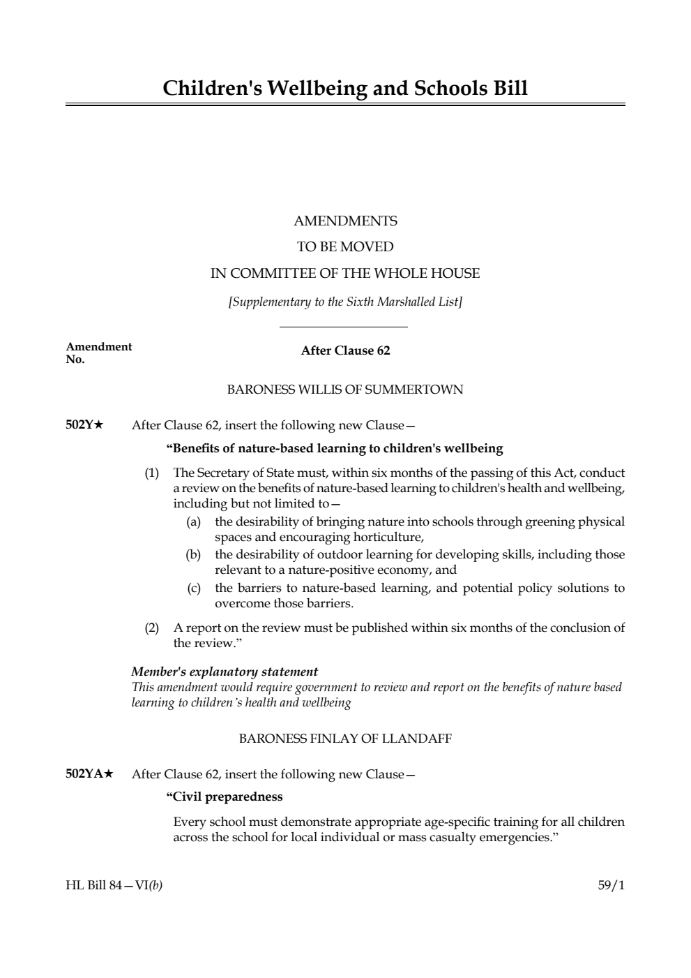 Children's Wellbeing and Schools Bill Amendments to be moved in Committee of the Whole House [Supplementary to the Sixth Marshalled List] 