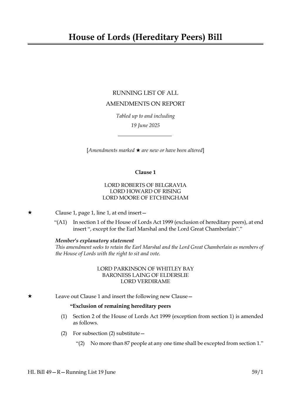 House of Lords (Hereditary Peers) Bill Running List of all amendments on report tabled up to and including 19 June 2025