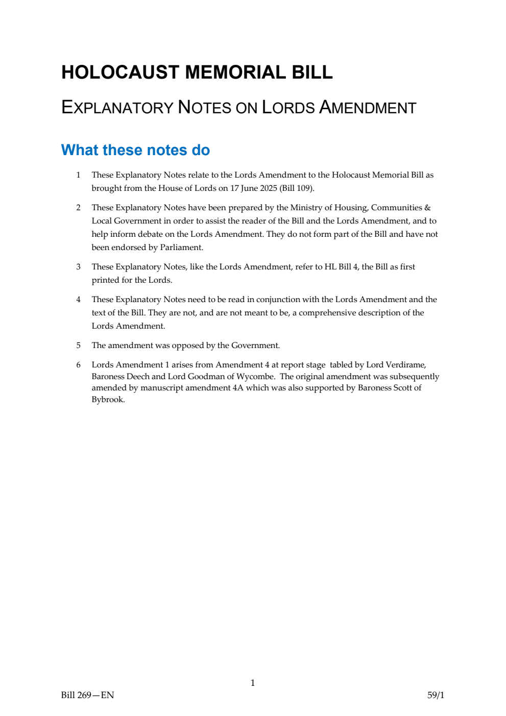 Holocaust Memorial Bill Explanatory Notes on Lords Amendments