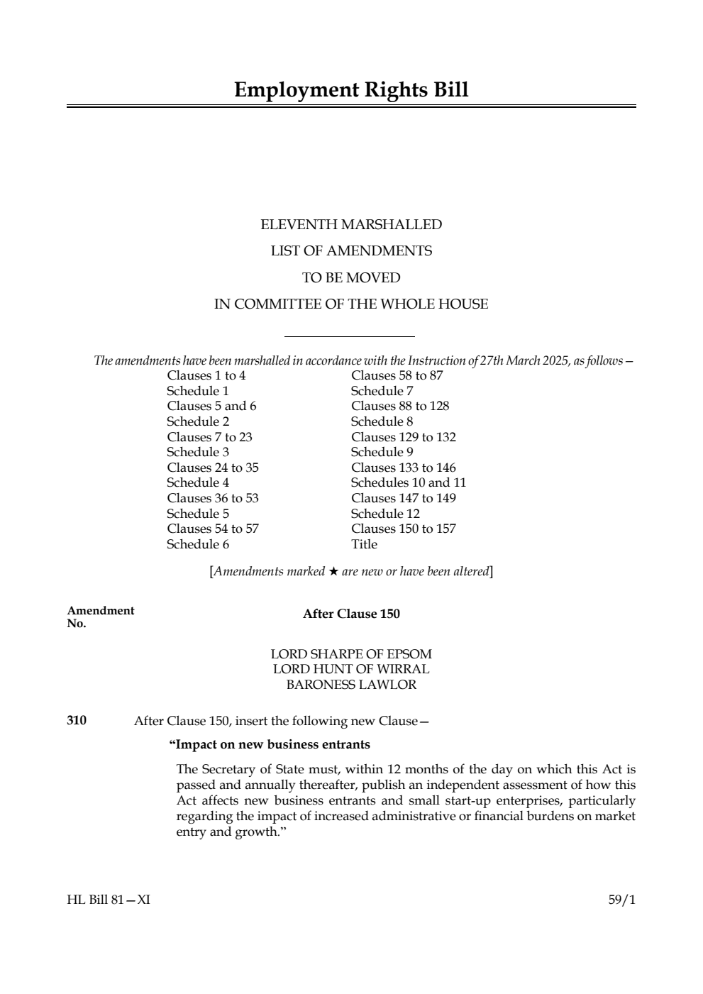 Employment Rights Bill Eleventh Marshalled List of amendments to be moved in Committee of the Whole House