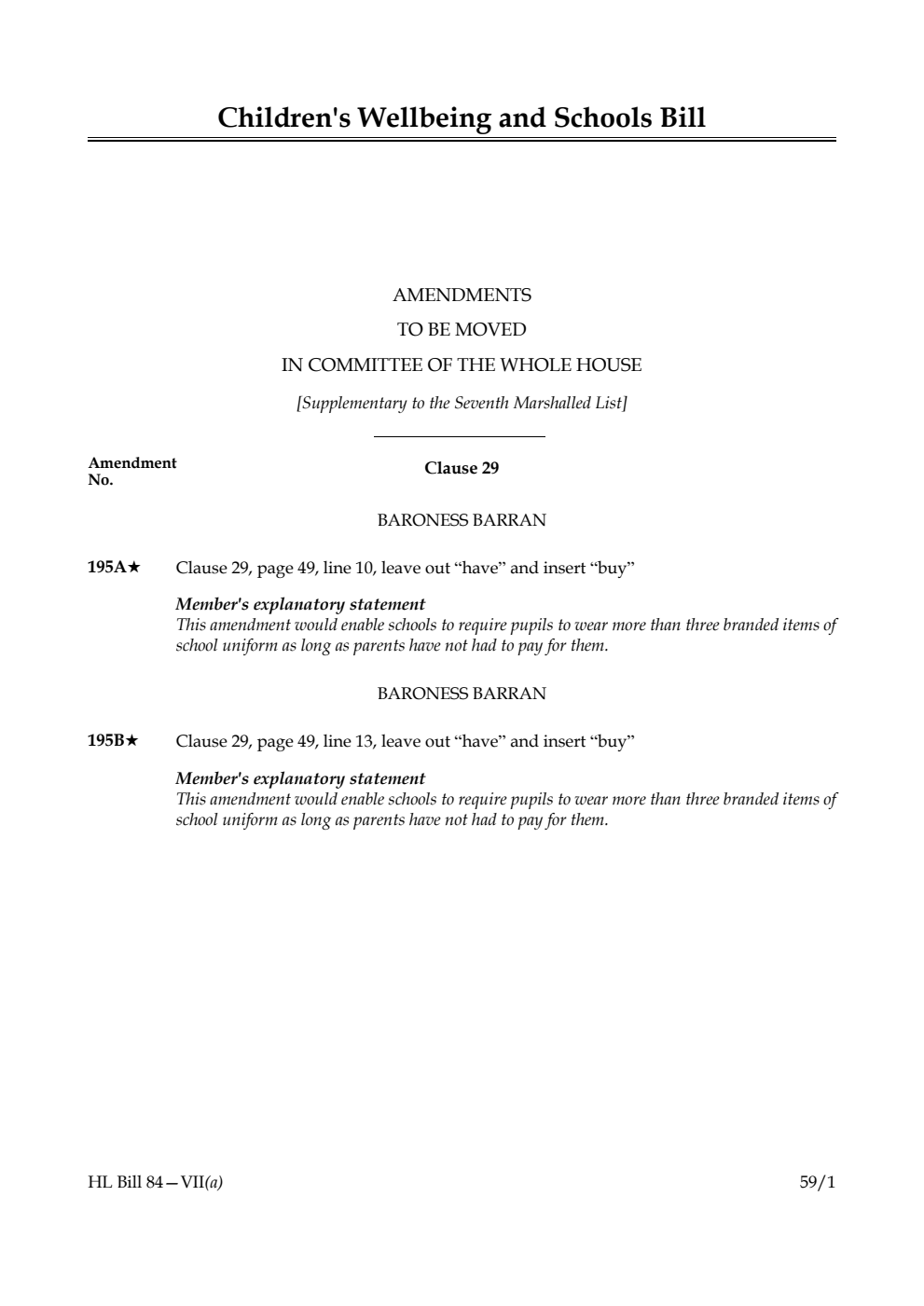 Children's Wellbeing and Schools Bill Amendments to be moved in Committee of the Whole House [Supplementary to the Seventh Marshalled List]