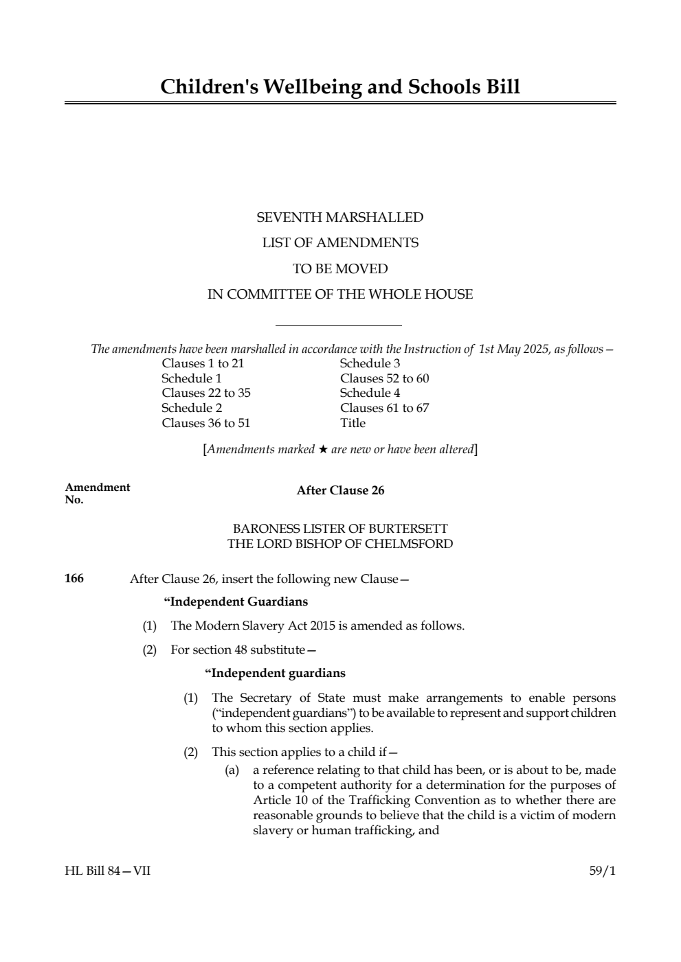 Children's Wellbeing and Schools Bill Seventh Marshalled List of amendments to be moved in Committee of the Whole House