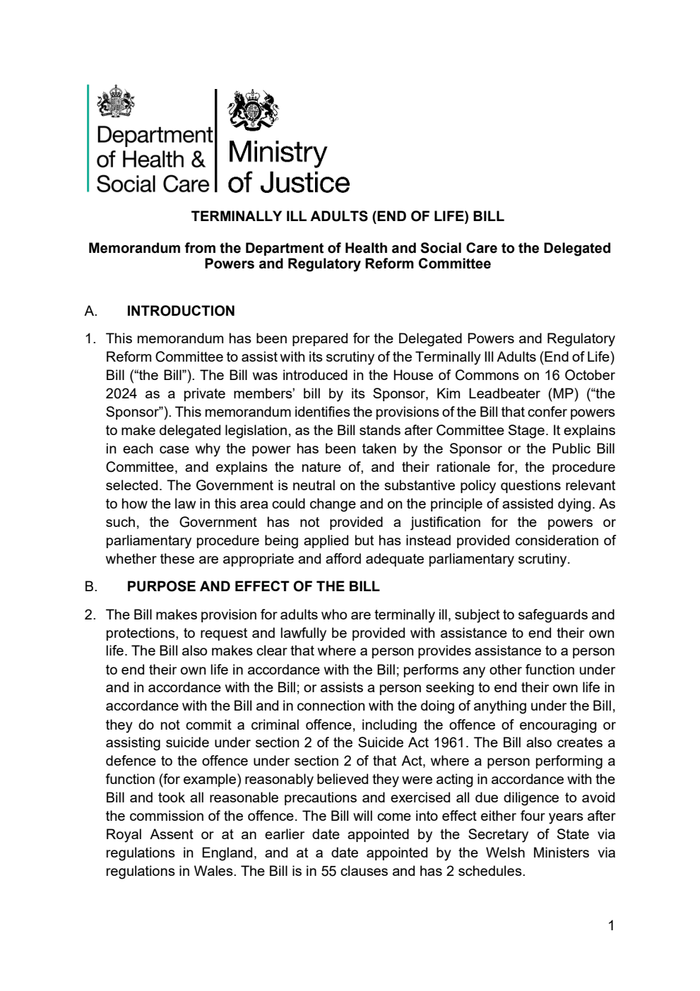 Terminally Ill Adults (End of Life) Bill - Memorandum from the Department of Health and Social Care to the Delegated Powers and Regulatory Reform Committee