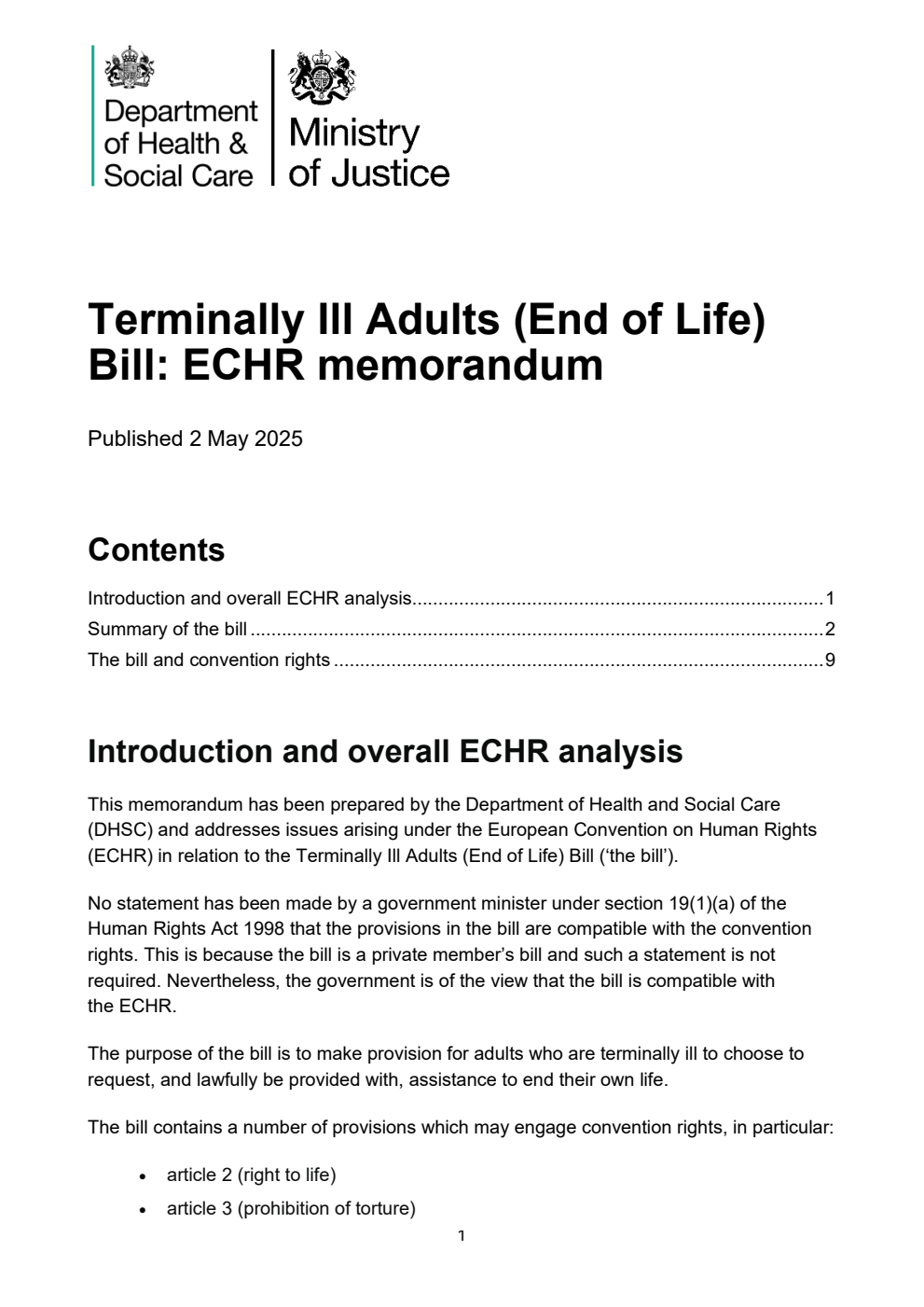 Terminally Ill Adults (End of Life) Bill - European Convention on Human Rights memorandum
