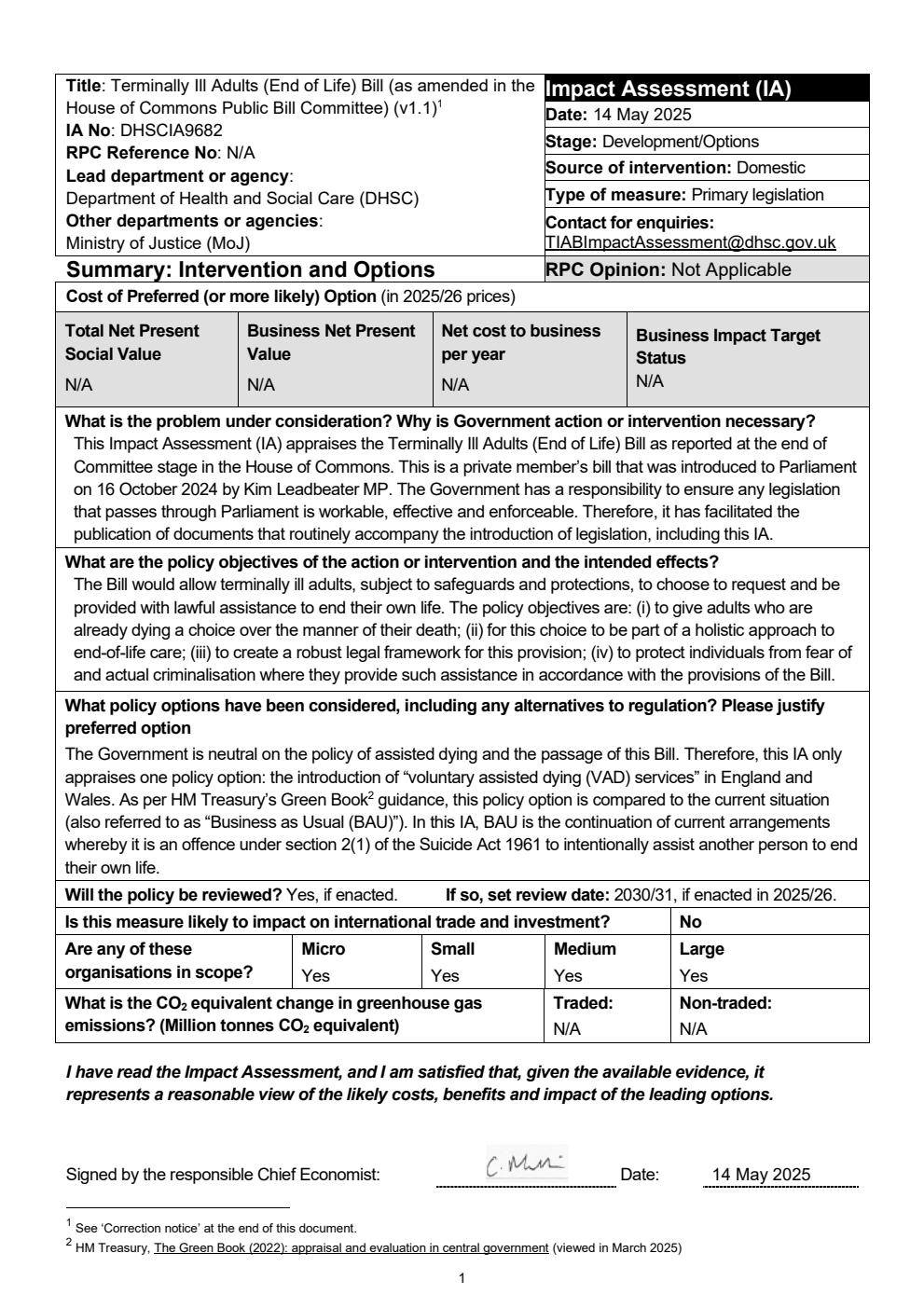 Terminally Ill Adults (End of Life) Bill - Impact Assessment from the Department of Health and Social Care and Ministry of Justice - updated version
