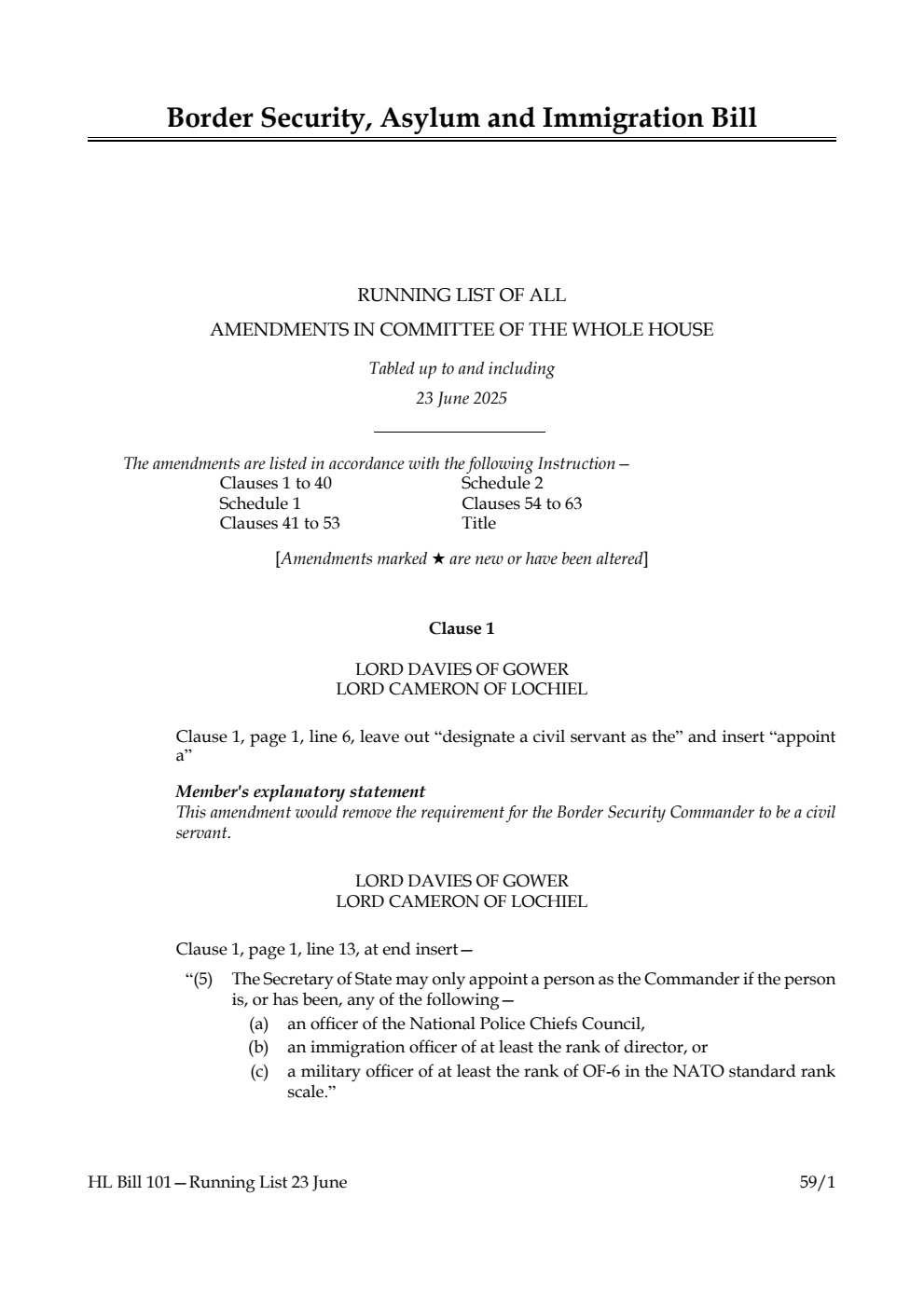Border Security, Asylum and Immigration Bill Running List of all amendments in Committee of the Whole House tabled up to and including 23 June 2025