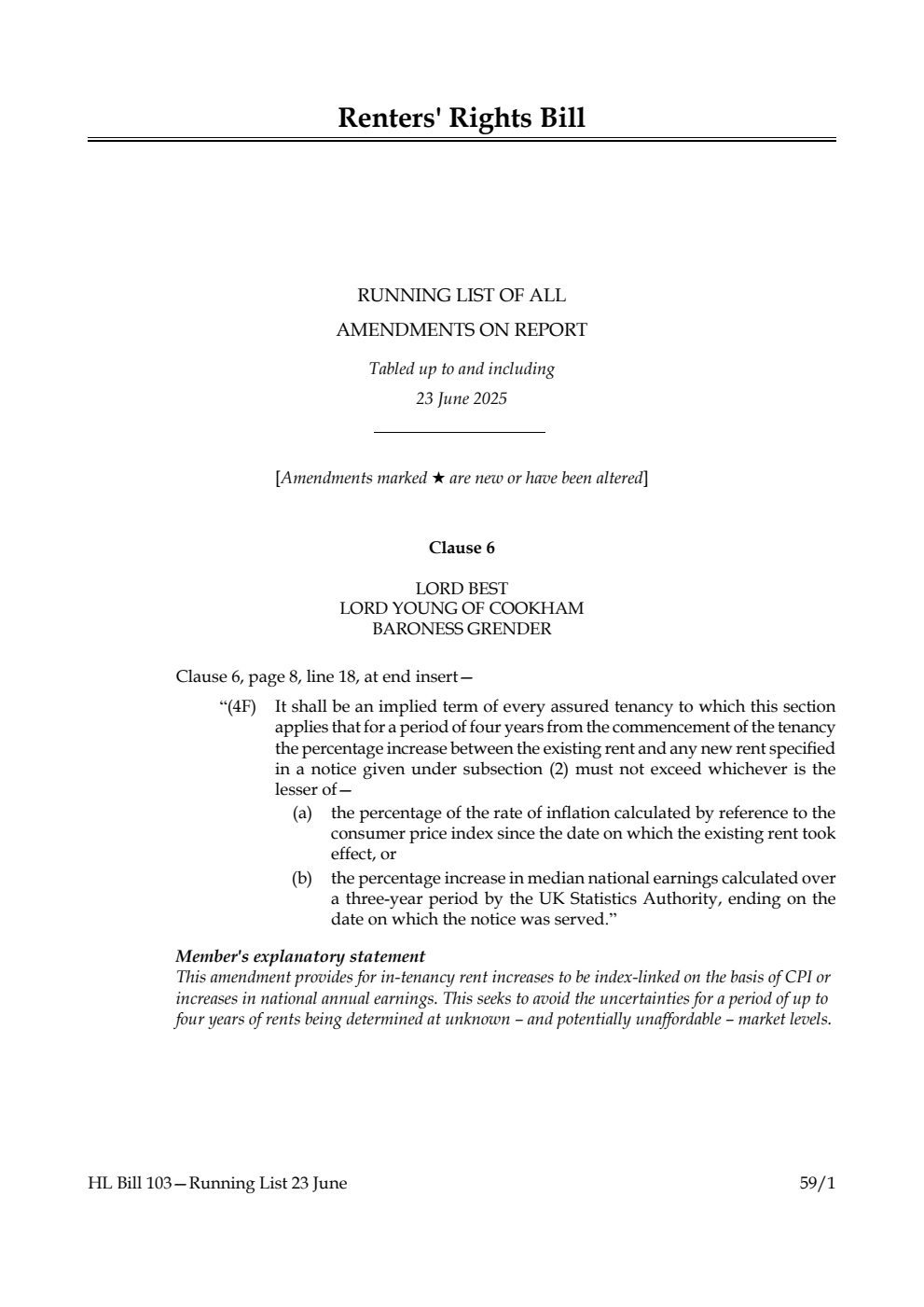 Renters' Rights Bill Running List of all amendments on report tabled up to and including 23 June 2025