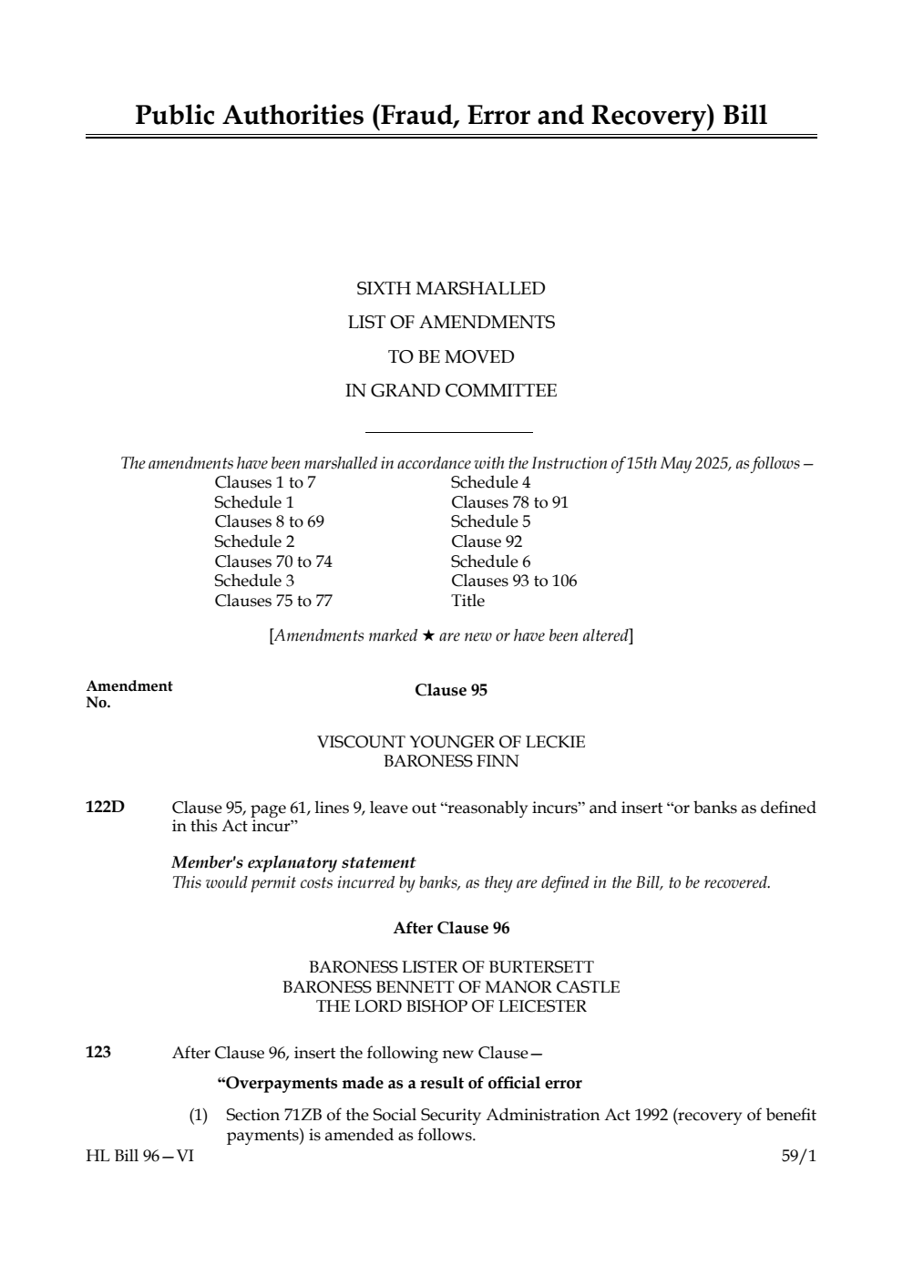 Public Authorities (Fraud, Error and Recovery) Bill Sixth Marshalled List of amendments to be moved in Grand Committee