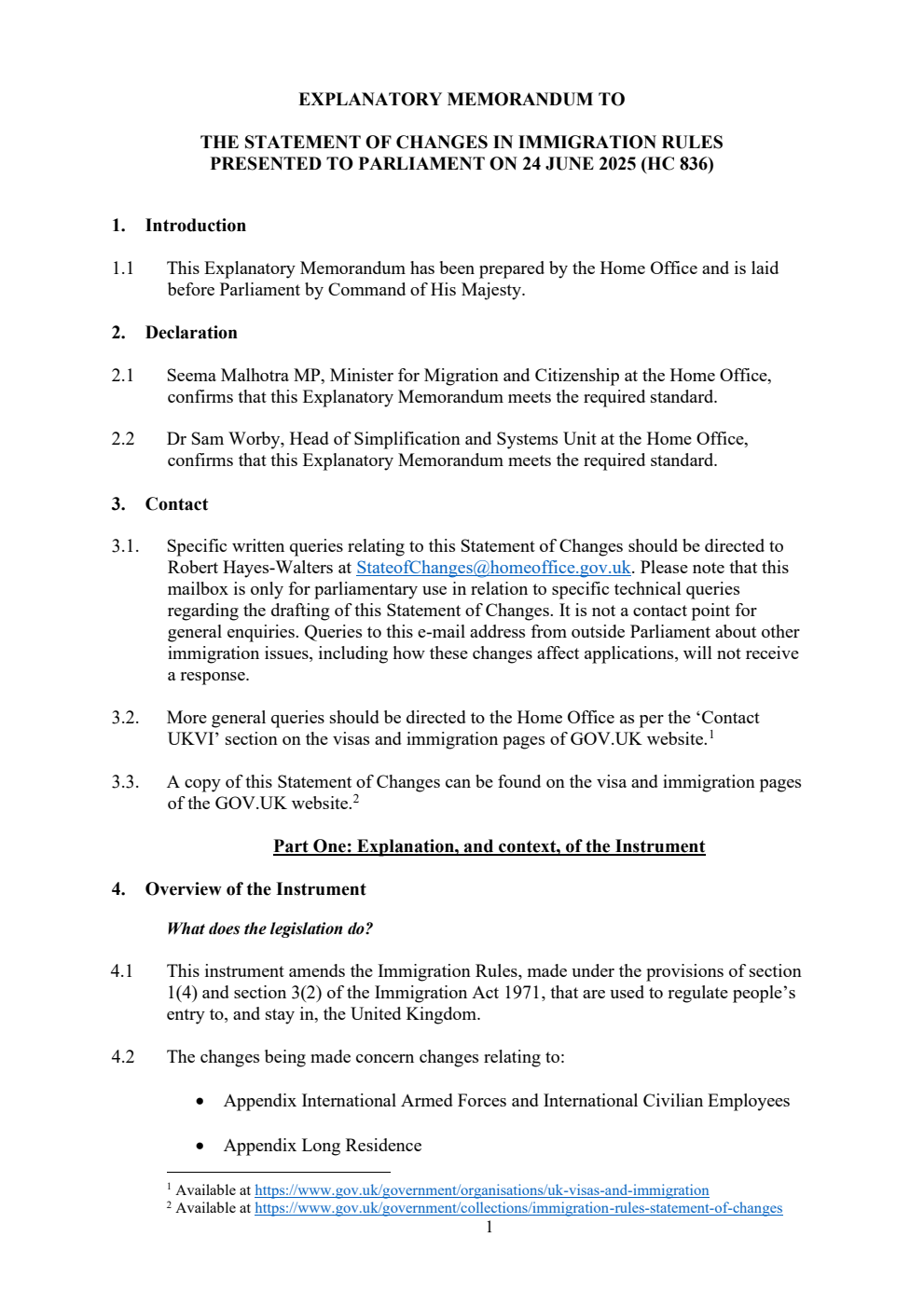 Explanatory Memorandum to the Statement of Changes in Immigration Rules