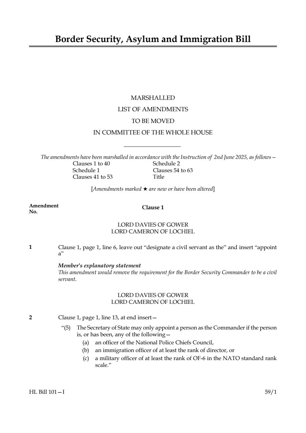 Border Security, Asylum and Immigration Bill Marshalled List of amendments to be moved in Committee of the Whole House