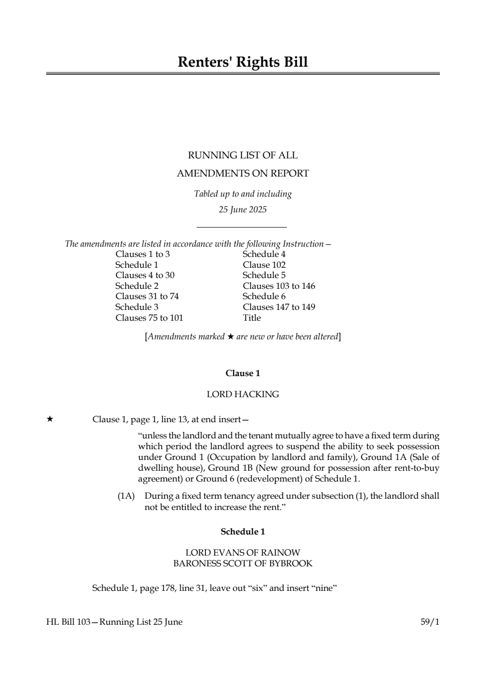 Renters' Rights Bill Running List of all amendments on report tabled up to and including 25 June 2025
