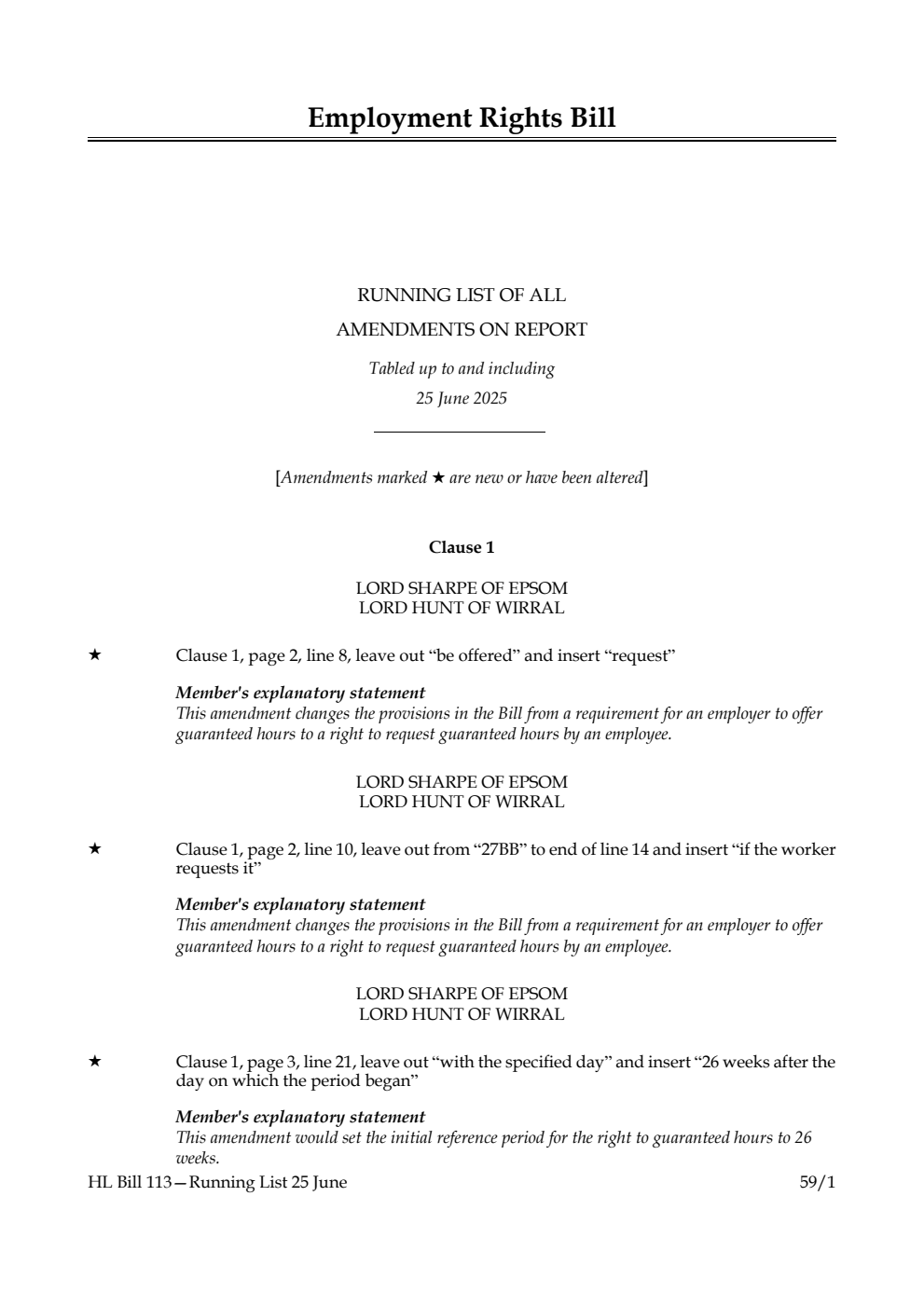 Employment Rights Bill Running List of all amendments on report tabled up to and including 25 June 2025