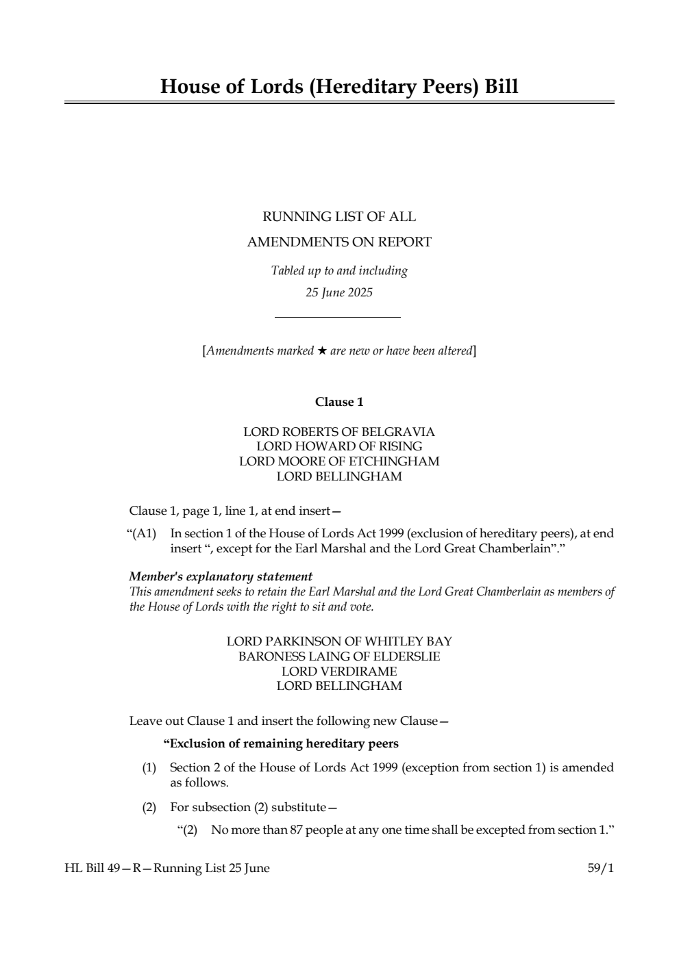 House of Lords (Hereditary Peers) Bill Running List of all amendments on report tabled up to and including 25 June 2025