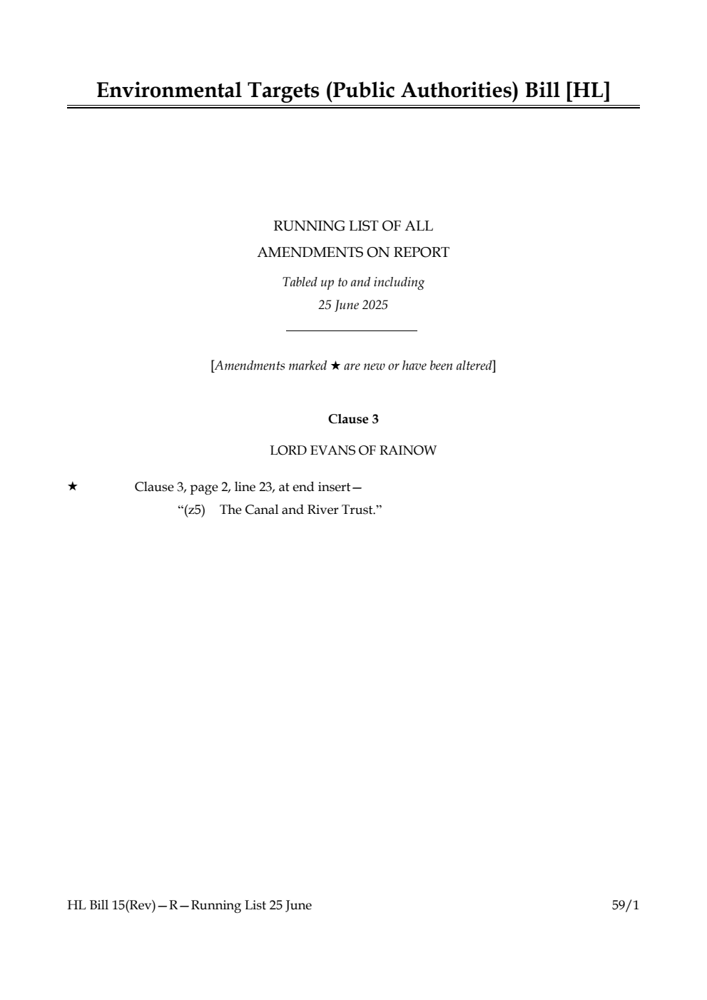 Environmental Targets (Public Authorities) Bill Running List of all amendments on report tabled up to and including 25 June 2025