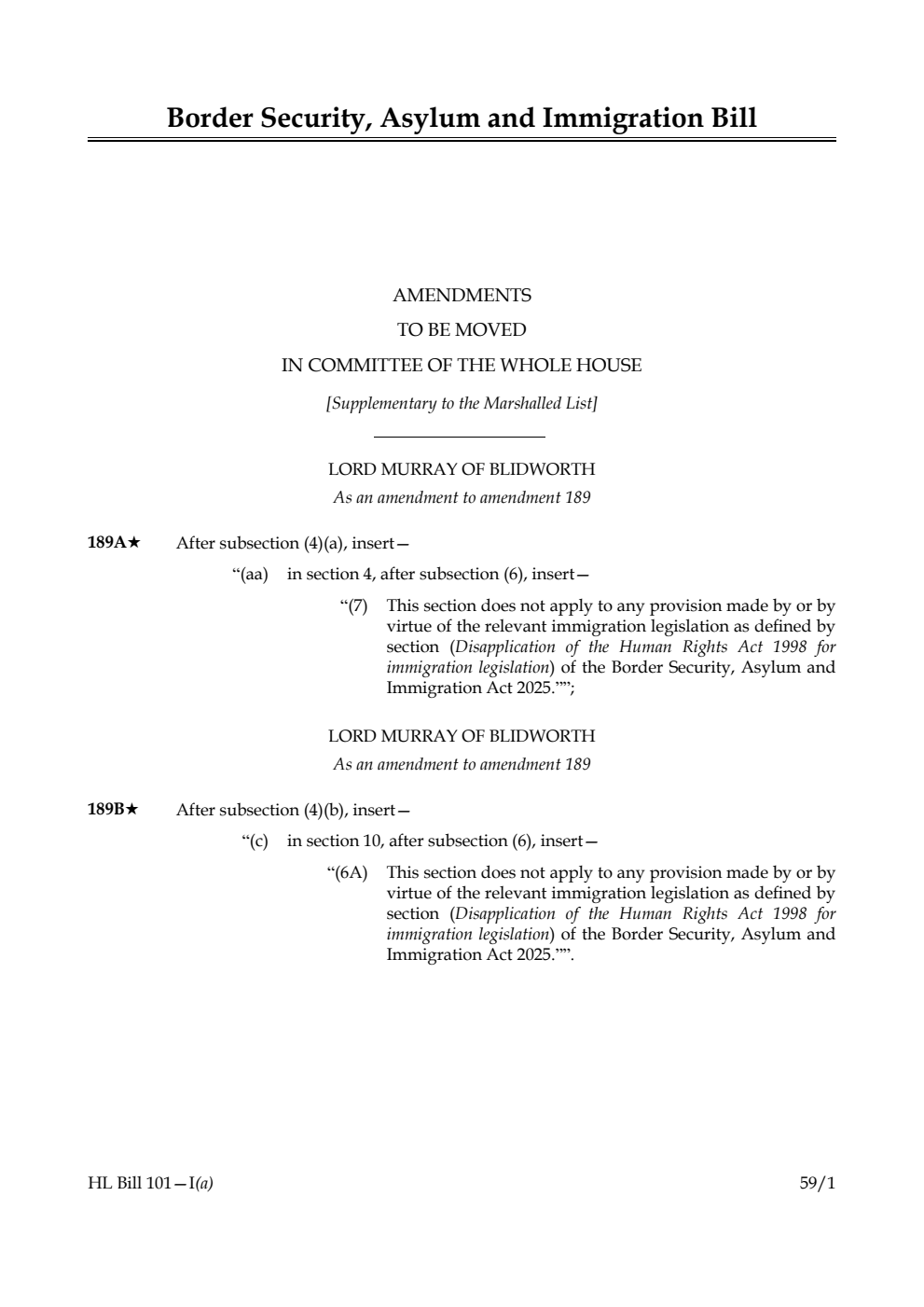Border Security, Asylum and Immigration Bill Amendments to be moved in Committee of the Whole House [Supplementary to the Marshalled List]