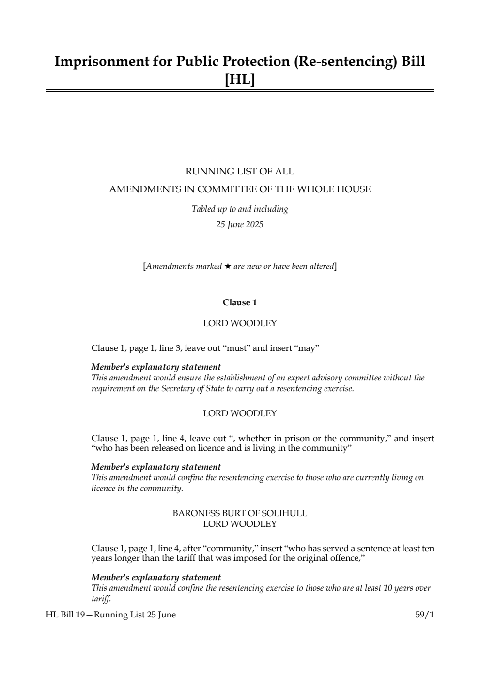 Imprisonment for Public Protection (Re-sentencing) Bill Running List of all amendments in Committee of the Whole House tabled up to and including 25 June 2025