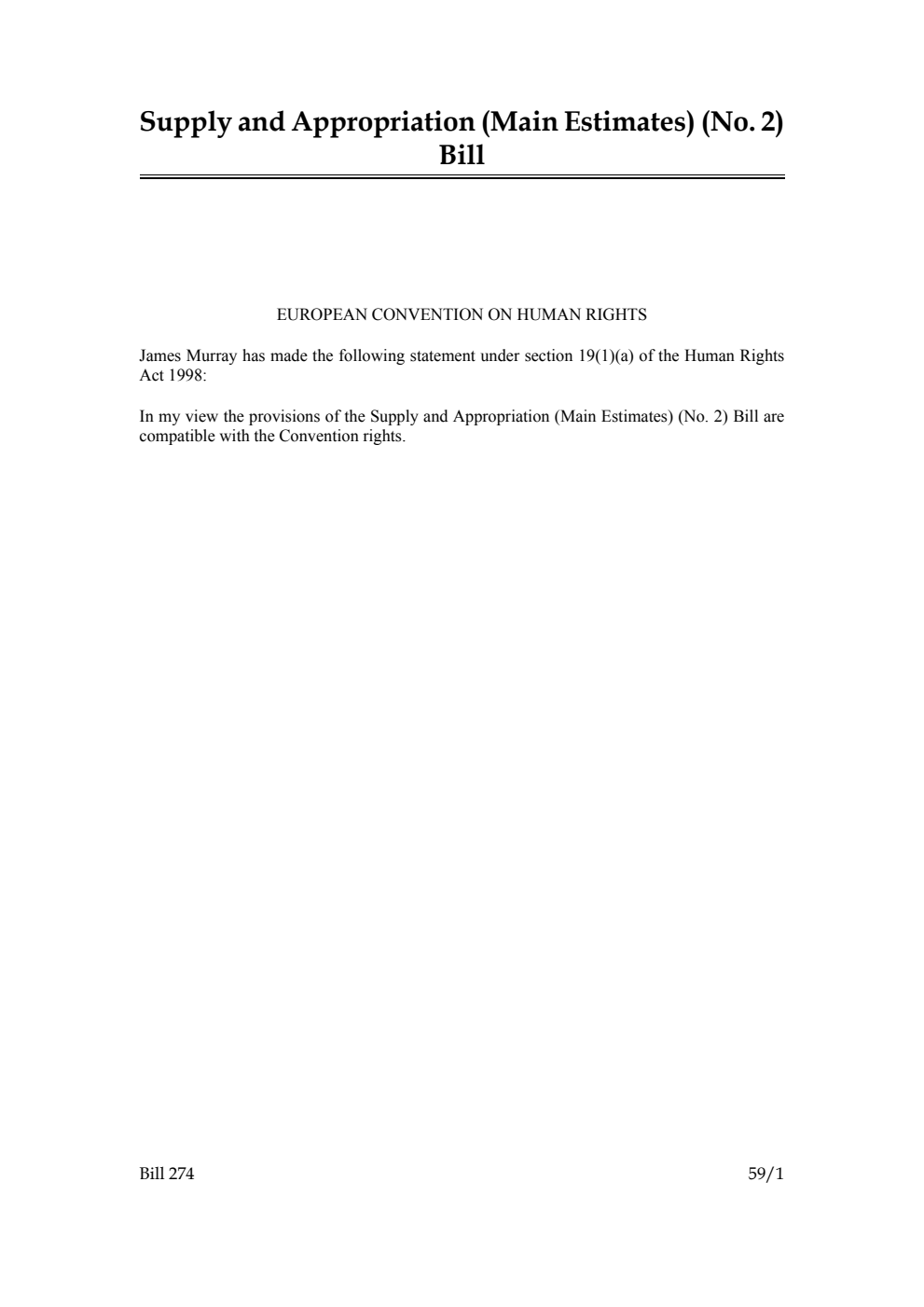 Supply and Appropriation (Main Estimates) (No. 2) Bill