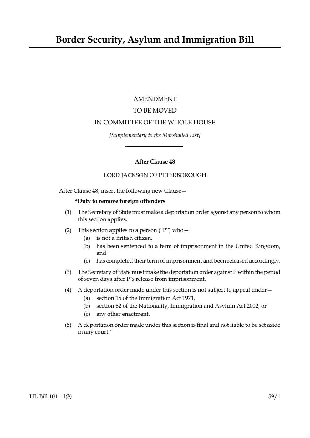 Border Security, Asylum and Immigration Bill Amendment to be moved in Committee of the Whole House [Supplementary to the Marshalled List] 