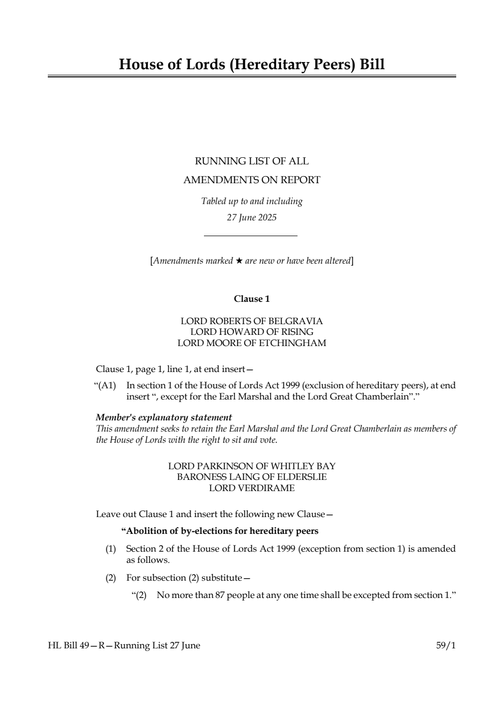 House of Lords (Hereditary Peers) Bill Running List of all amendments on report tabled up to and including 27 June 2025