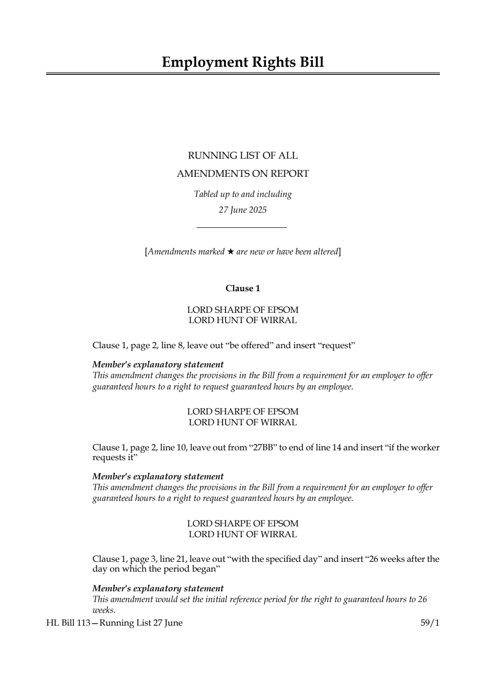 Employment Rights Bill Running List of all amendments on report tabled up to and including 27 June 2025