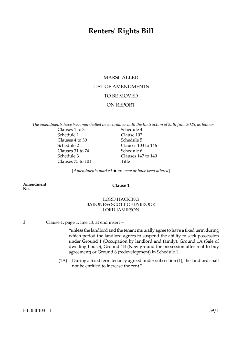 Renters' Rights Bill Marshalled List of amendments to be moved on report