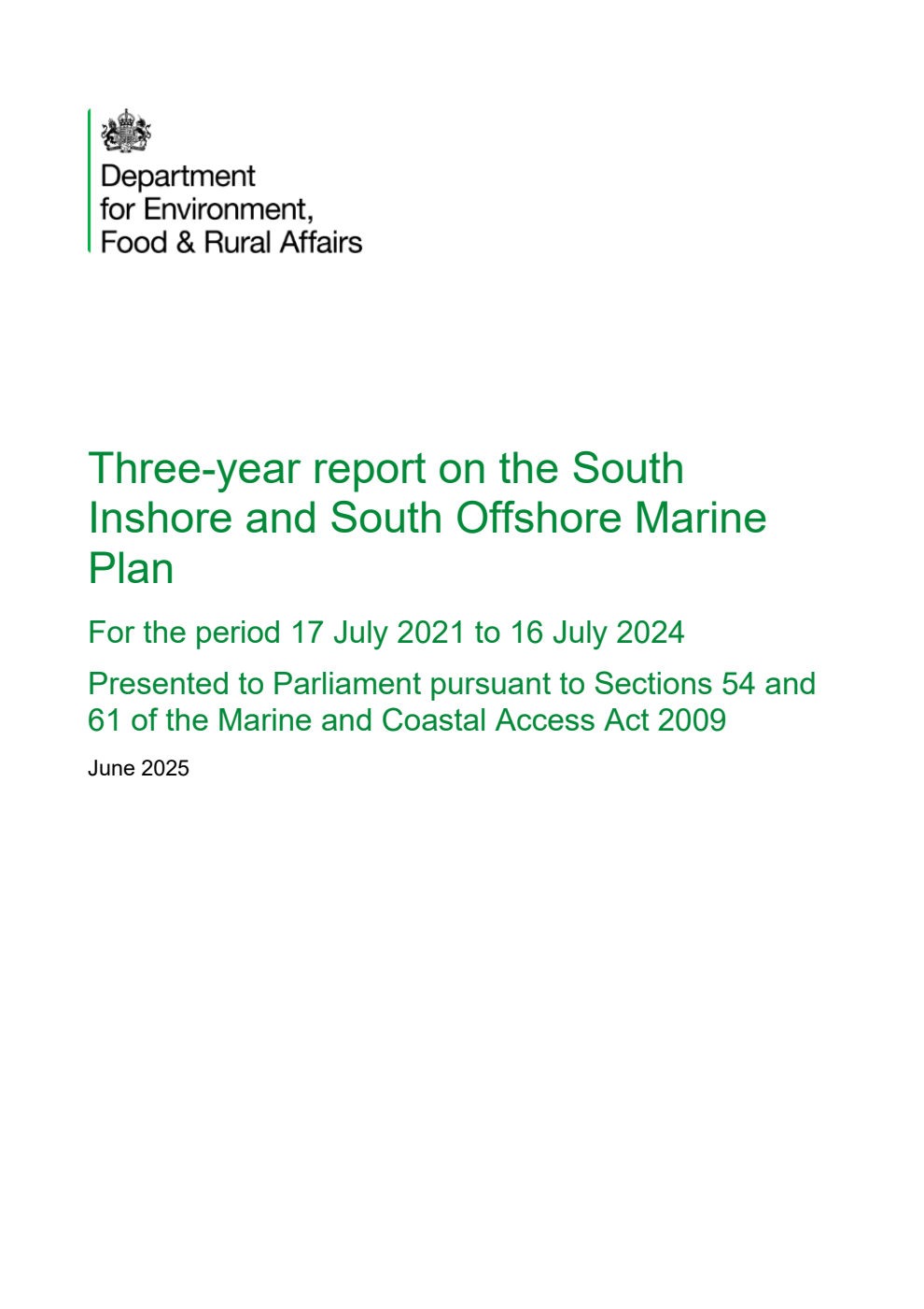 Three-year report on the South Inshore and South Offshore Marine Plan for the period 17 July 2021 to 16 July 2024
