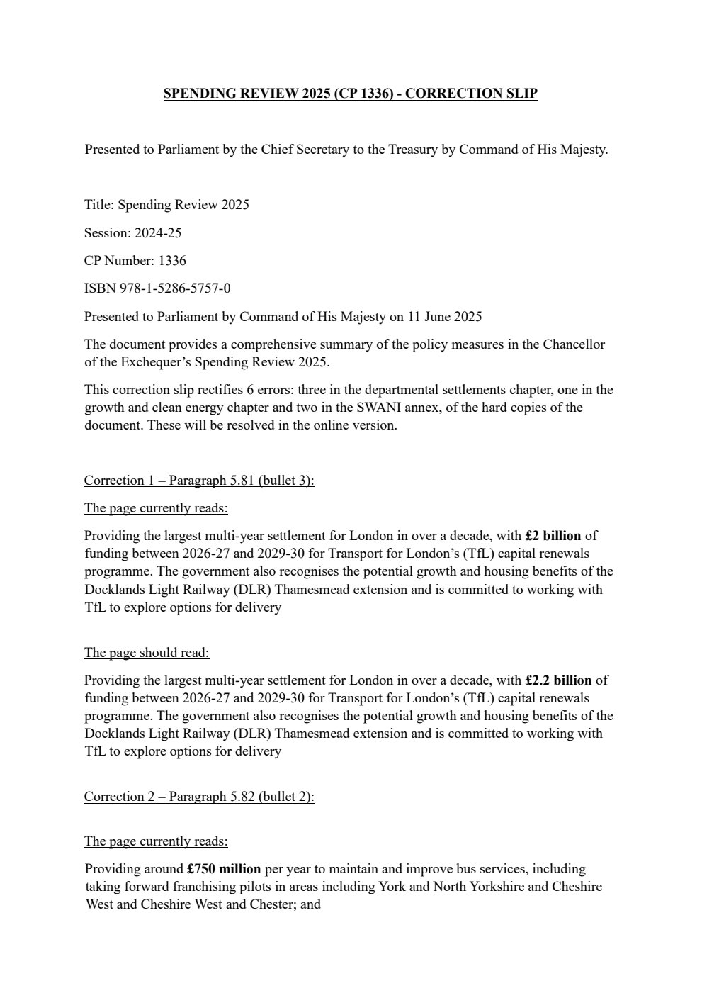 Spending Review 2025. Correction Slip, June 2025