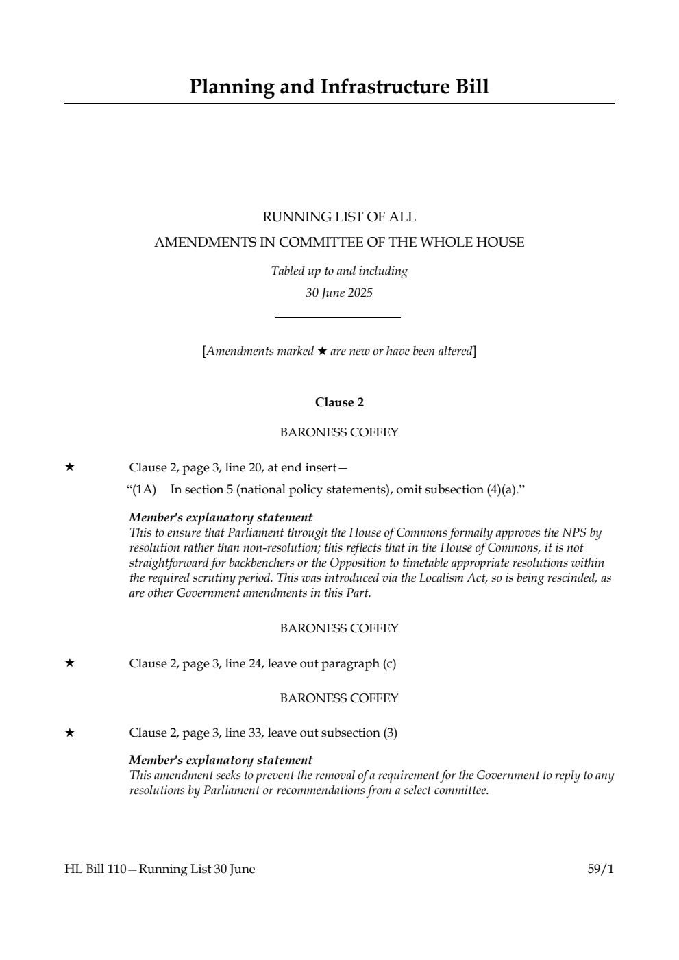 Planning and Infrastructure Bill Running List of all amendments in Committee of the Whole House tabled up to and including 30 June 2025