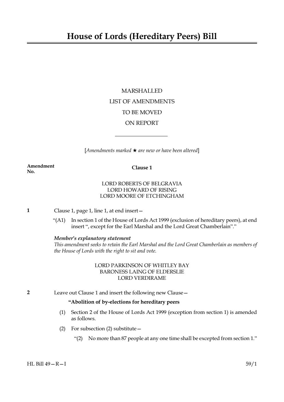 House of Lords (Hereditary Peers) Bill Marshalled List of amendments to be moved on report