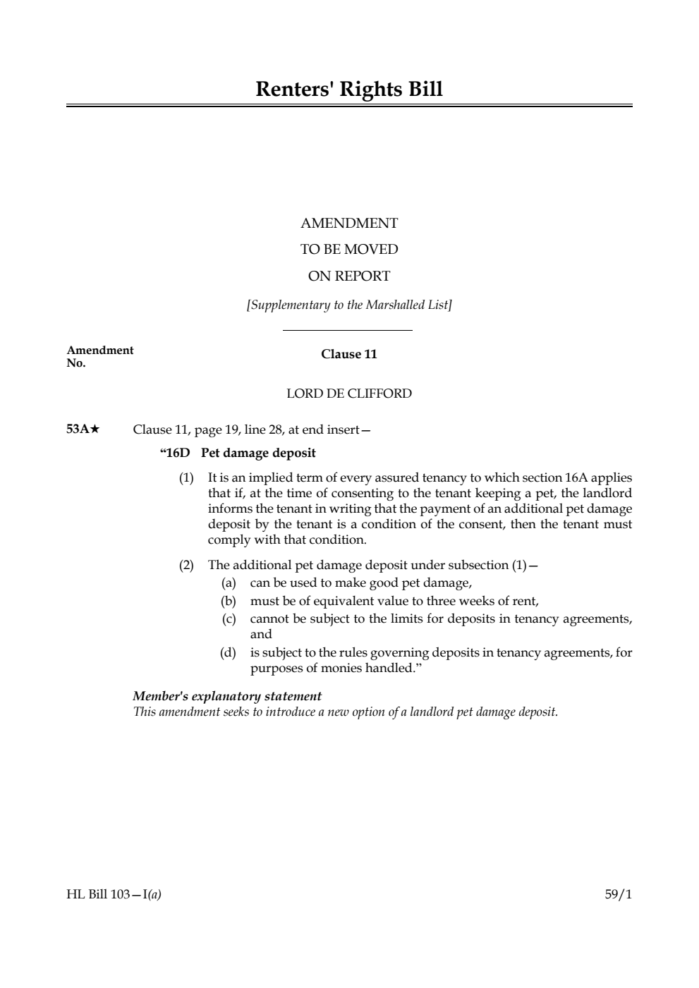 Renters' Rights Bill Amendment to be moved on report [Supplementary to the Marshalled List]